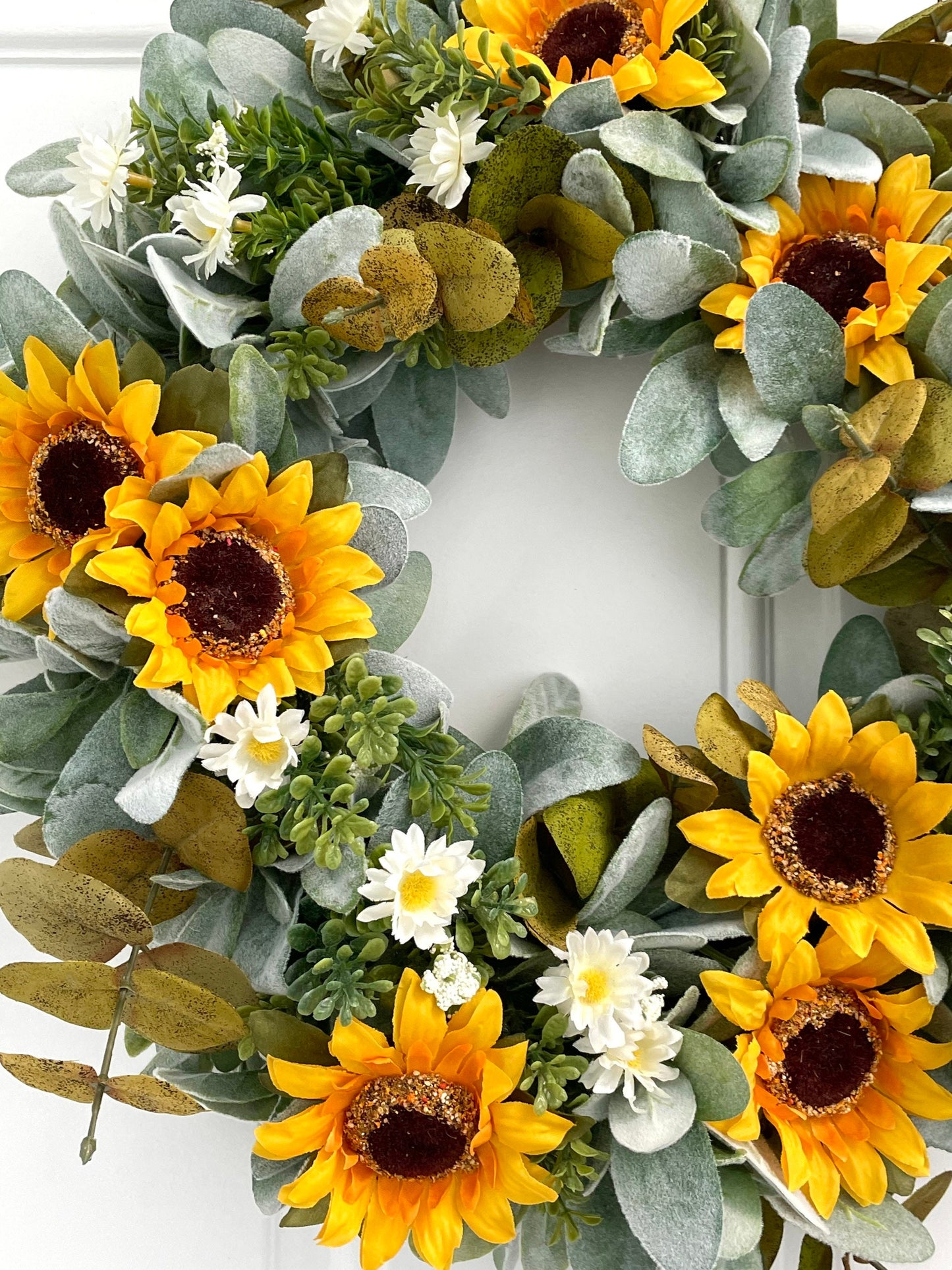 sunflower eucalyptus summer fall wreath, sunflower lambs ear wreath, daisy and eucalyptus wreath, eucalyptus and lambs ear summer wreath