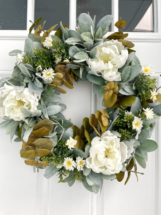 Lambs ear and eucalyptus year-round wreath, lambs ear and peony wreath, eucalyptus summer wreath, lambs ear fall wreath, peony wreath