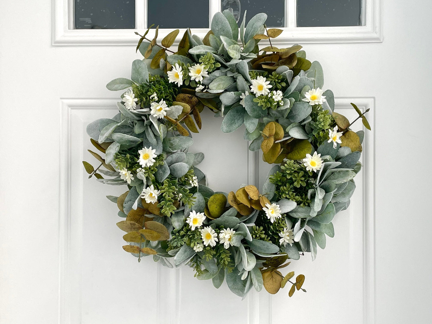 eucalyptus and lambs ear summer fall wreath, daisy summer wreath, lambs ear and white daisy fall wreath, eucalyptus modern farmhouse wreath