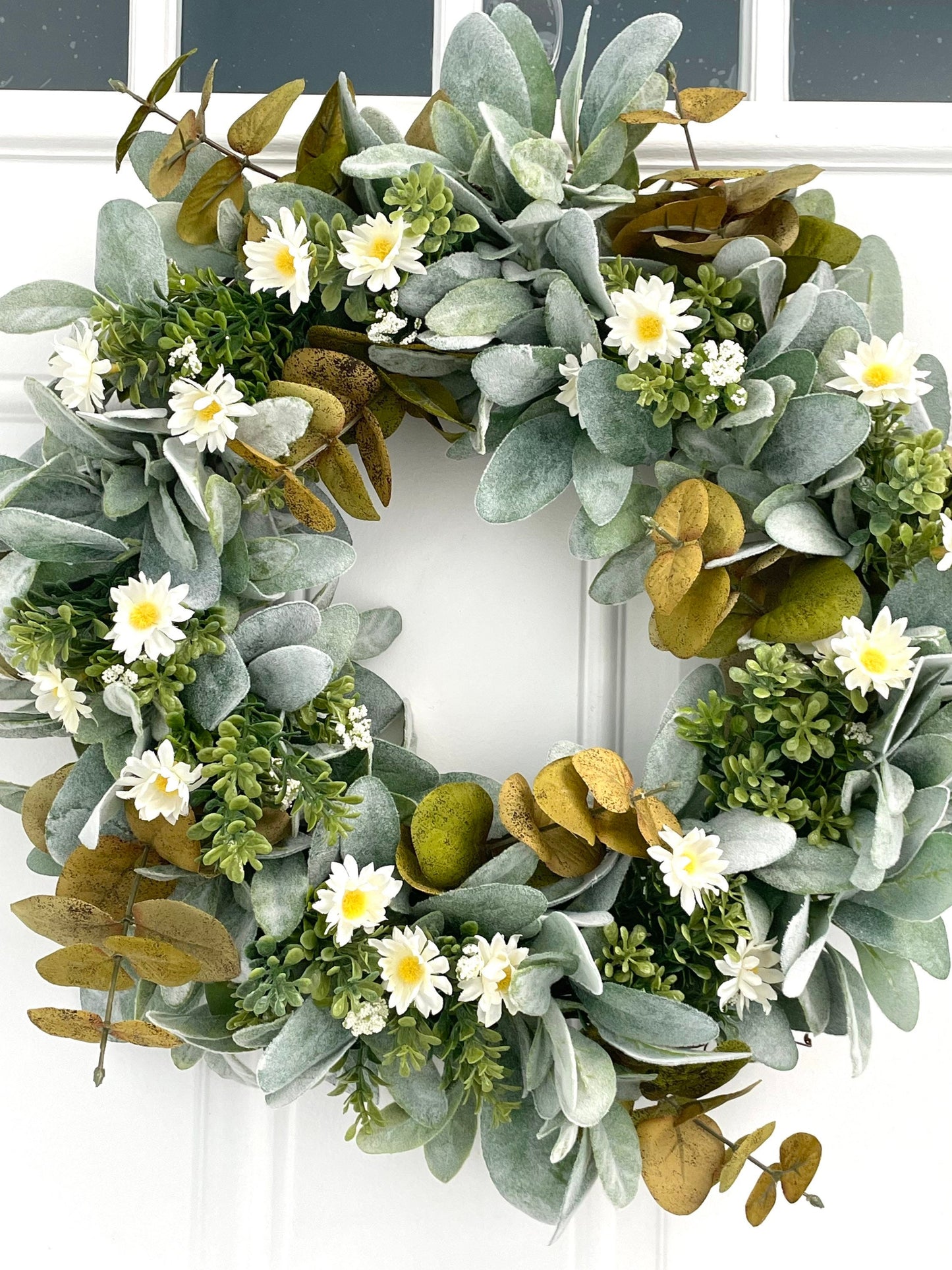 eucalyptus and lambs ear summer fall wreath, daisy summer wreath, lambs ear and white daisy fall wreath, eucalyptus modern farmhouse wreath