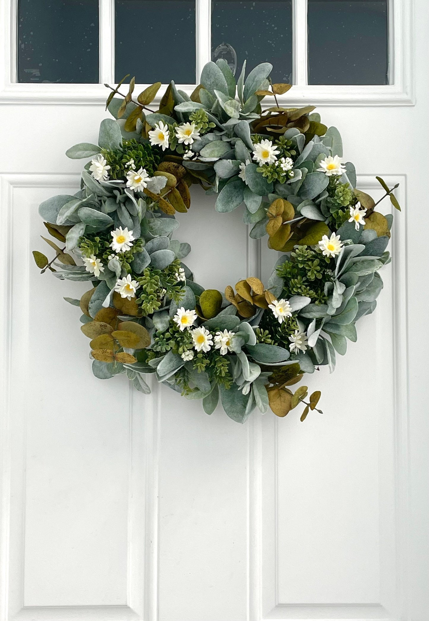 eucalyptus and lambs ear summer fall wreath, daisy summer wreath, lambs ear and white daisy fall wreath, eucalyptus modern farmhouse wreath