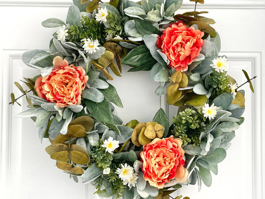 orange peony and eucalyptus summer fall wreath, thanksgiving wreath, lambs ear fall wreath, eucalyptus wreath, peony and daisy wreath