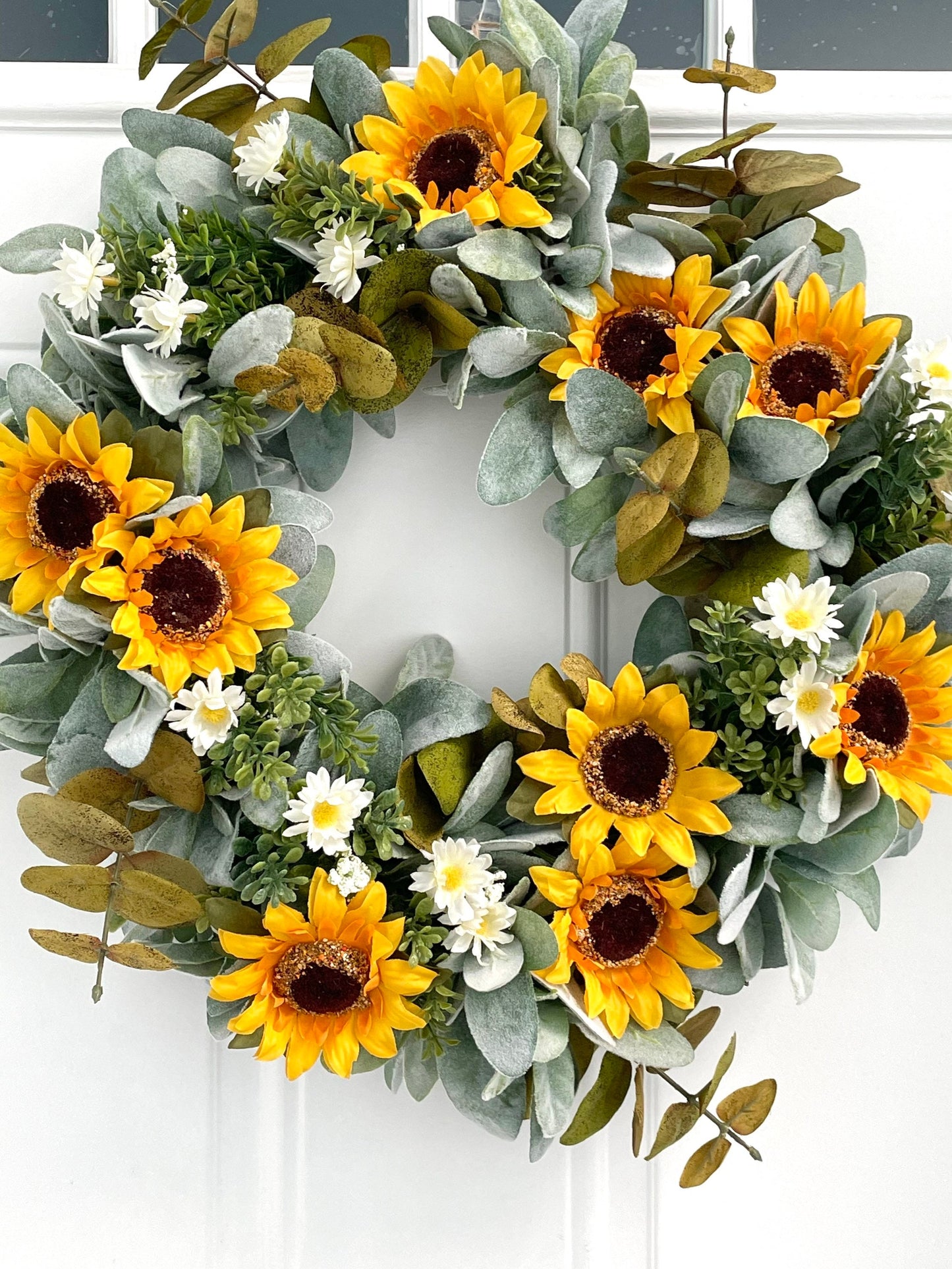 sunflower eucalyptus summer fall wreath, sunflower lambs ear wreath, daisy and eucalyptus wreath, eucalyptus and lambs ear summer wreath