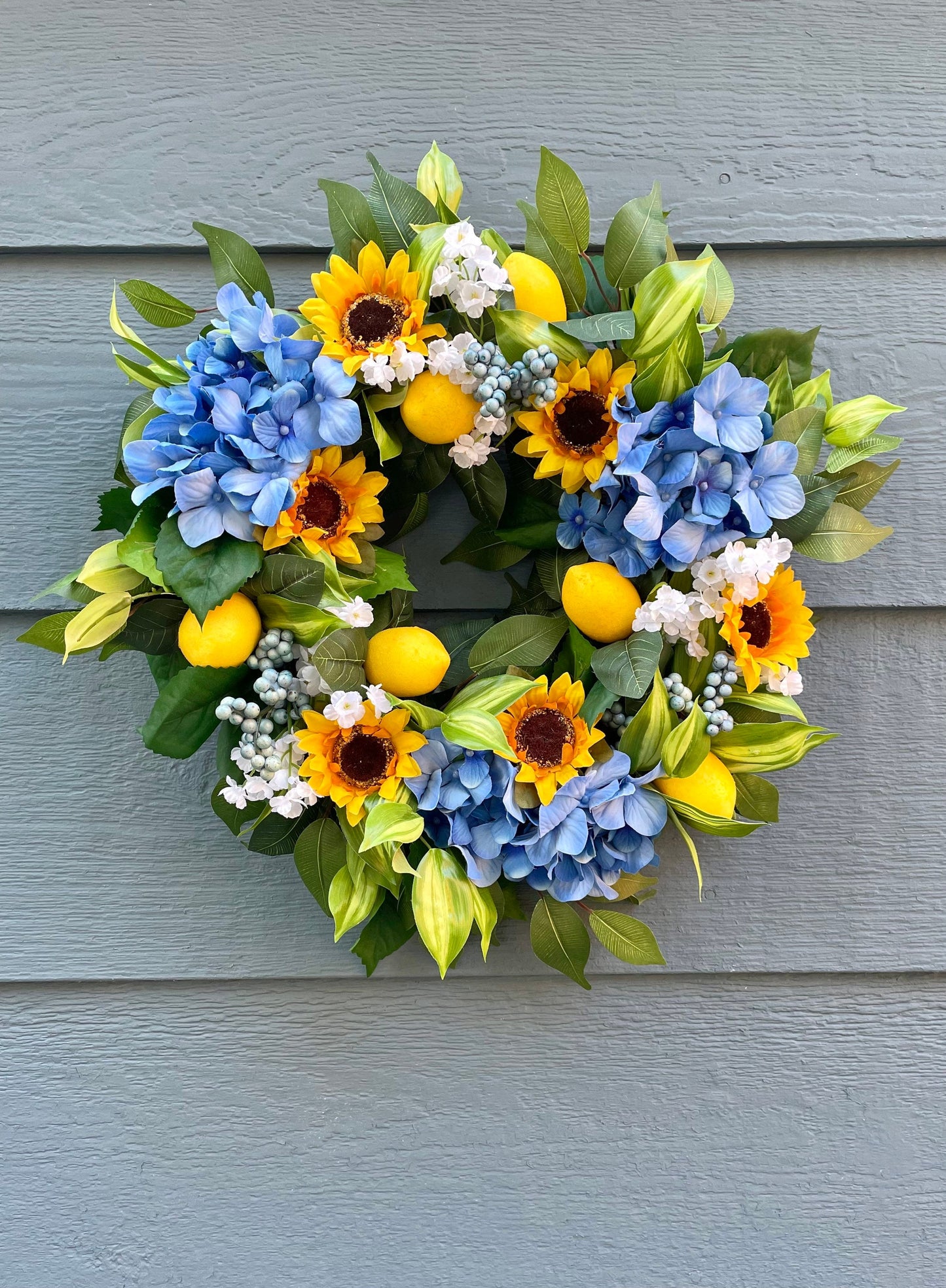 lemon blue hydrangea tropical summer wreath, sunflower lemon wreath, lemon ficus wreath, blue berry lemon summer wreath, baby breath wreath