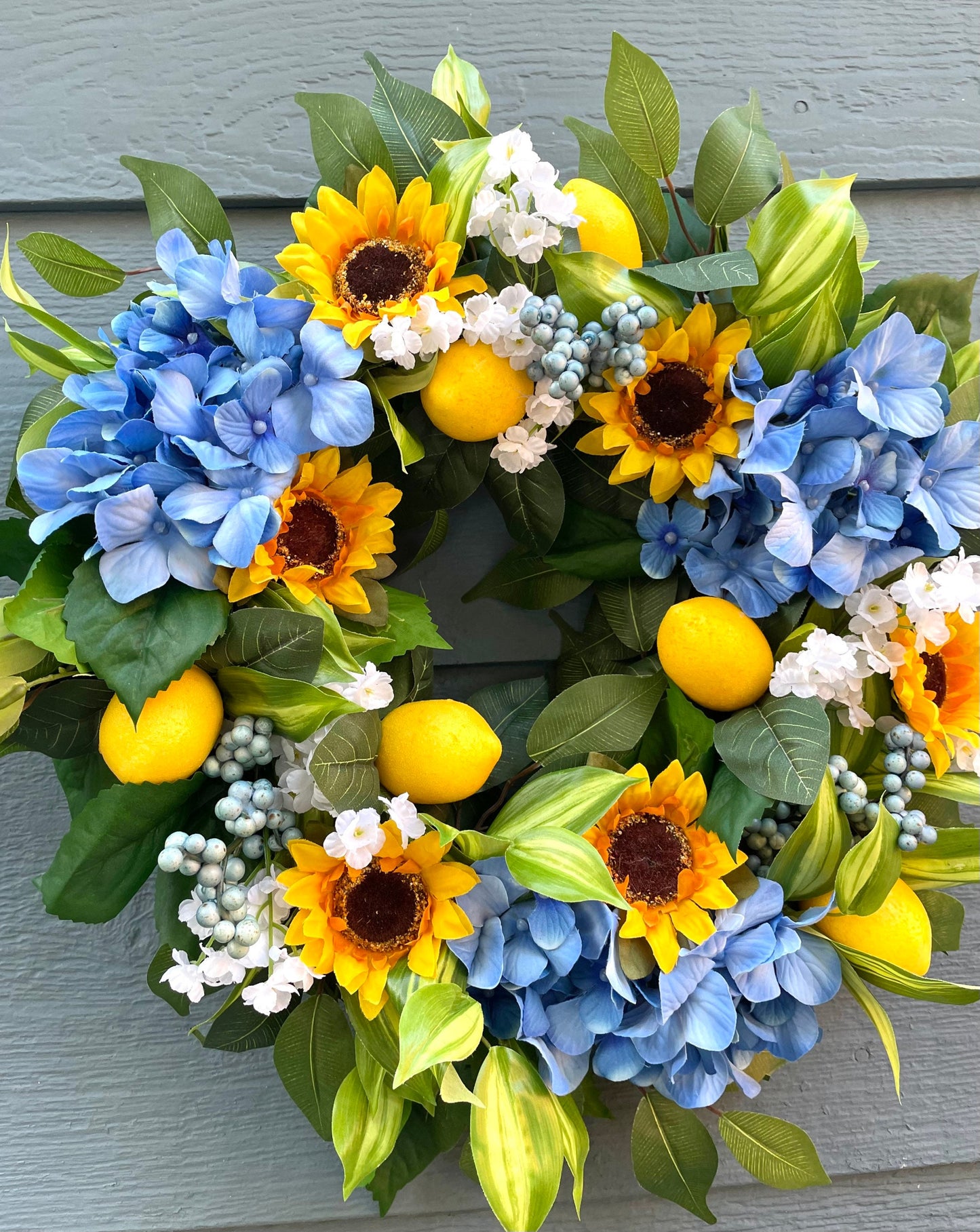 lemon blue hydrangea tropical summer wreath, sunflower lemon wreath, lemon ficus wreath, blue berry lemon summer wreath, baby breath wreath