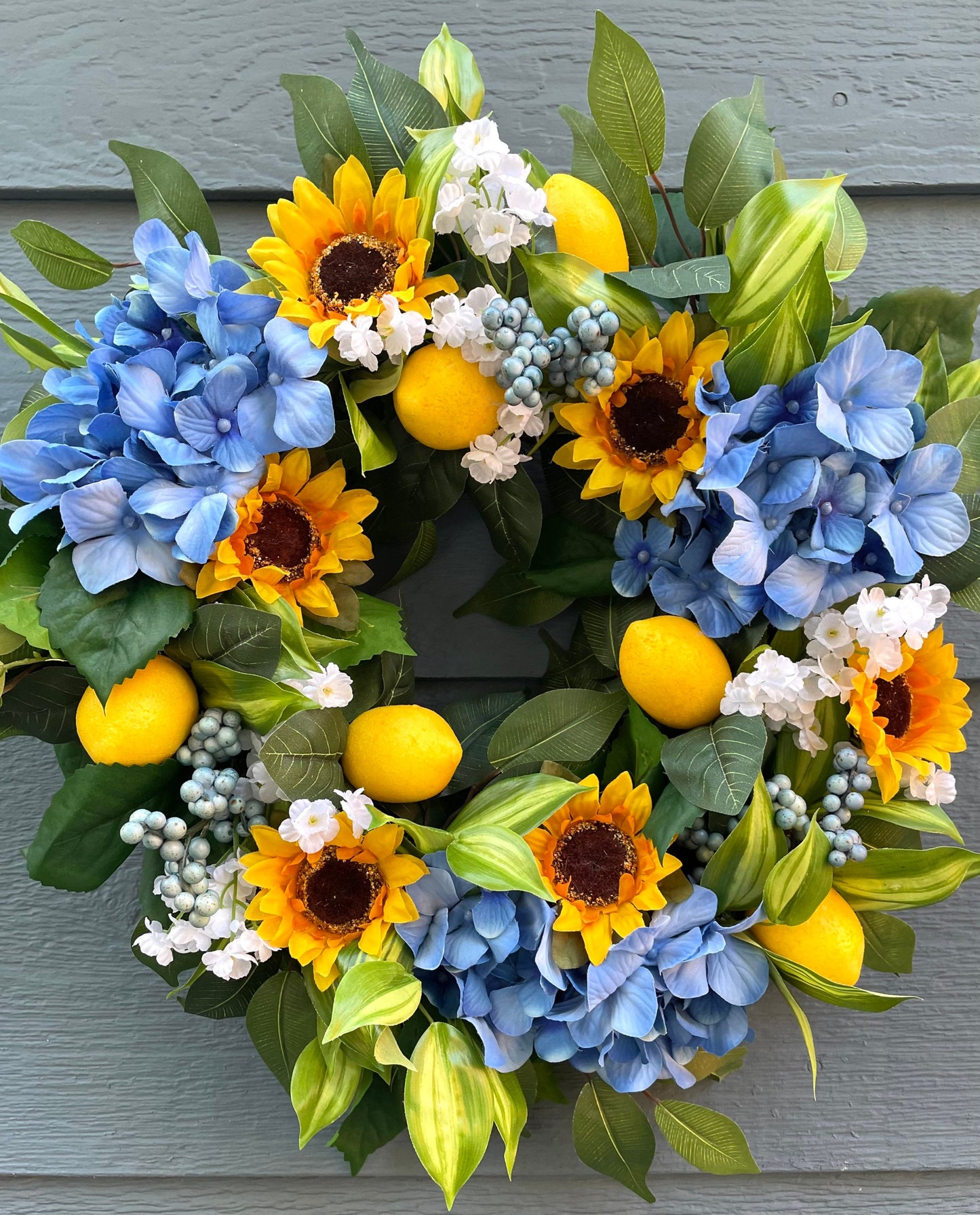 lemon blue hydrangea tropical summer wreath, sunflower lemon wreath, lemon ficus wreath, blue berry lemon summer wreath, baby breath wreath