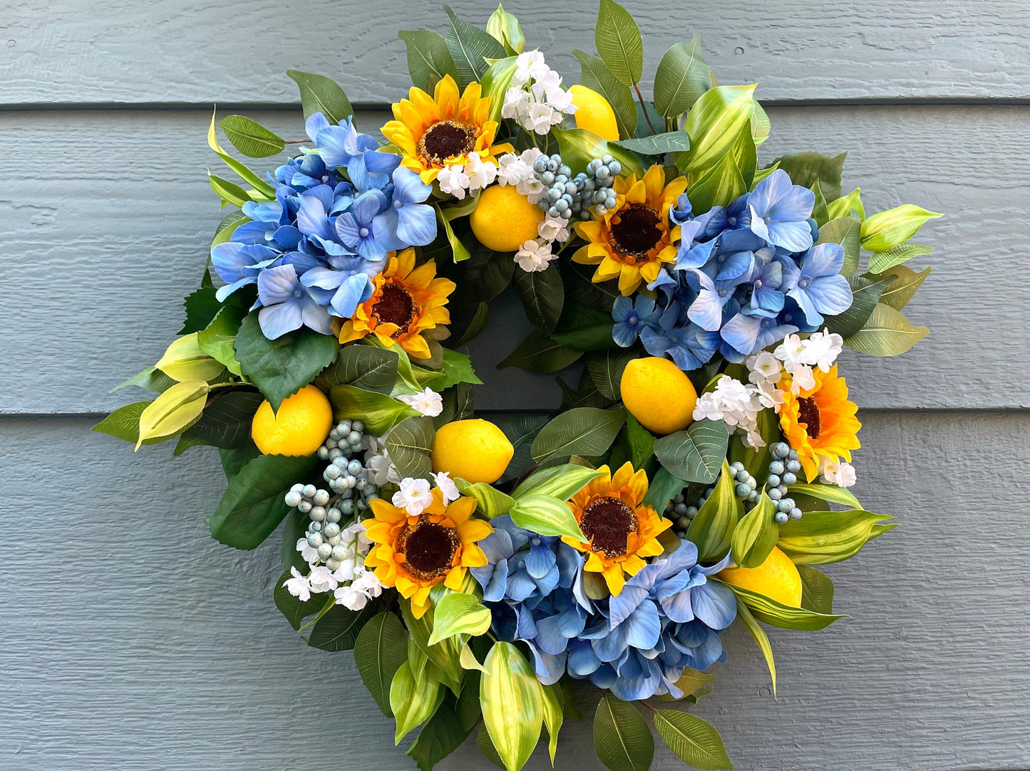 lemon blue hydrangea tropical summer wreath, sunflower lemon wreath, lemon ficus wreath, blue berry lemon summer wreath, baby breath wreath