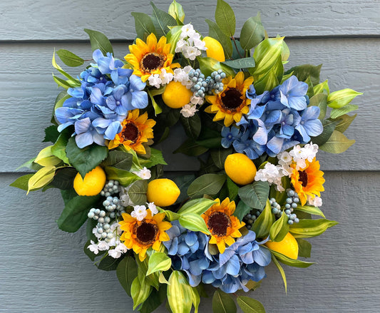 lemon blue hydrangea tropical summer wreath, sunflower lemon wreath, lemon ficus wreath, blue berry lemon summer wreath, baby breath wreath