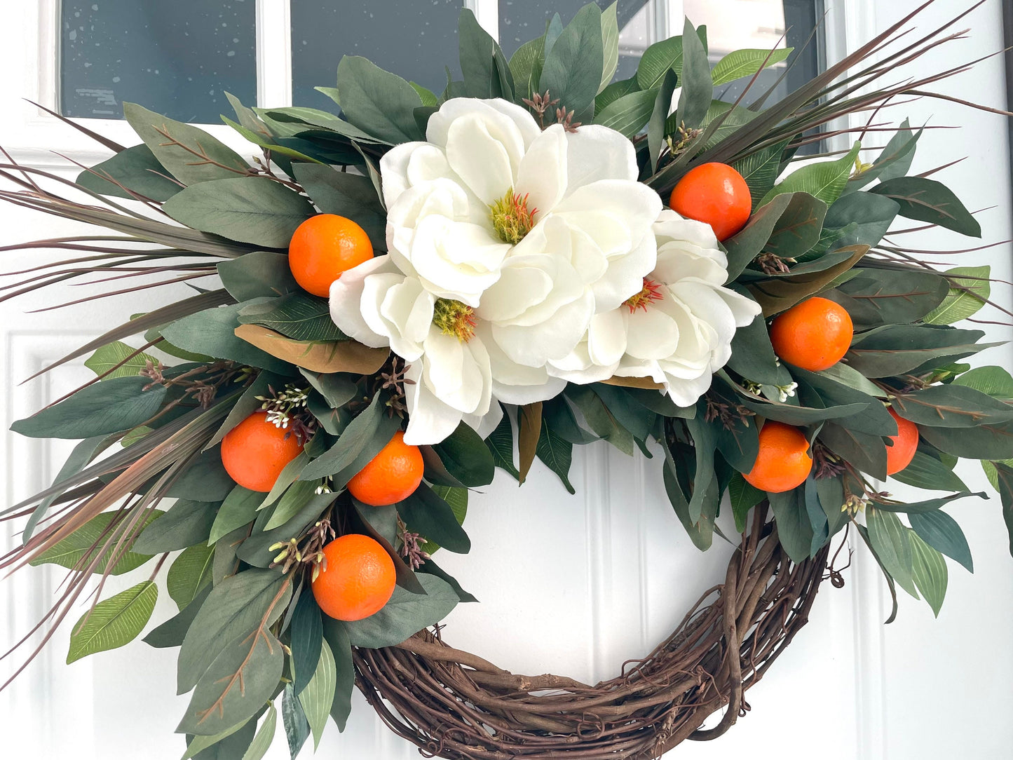 Magnolia orange spring summer wreath, magnolia eucalyptus wreath, magnolia fall wreath, farmhouse wreath, magnolia wreath, fruit wreath