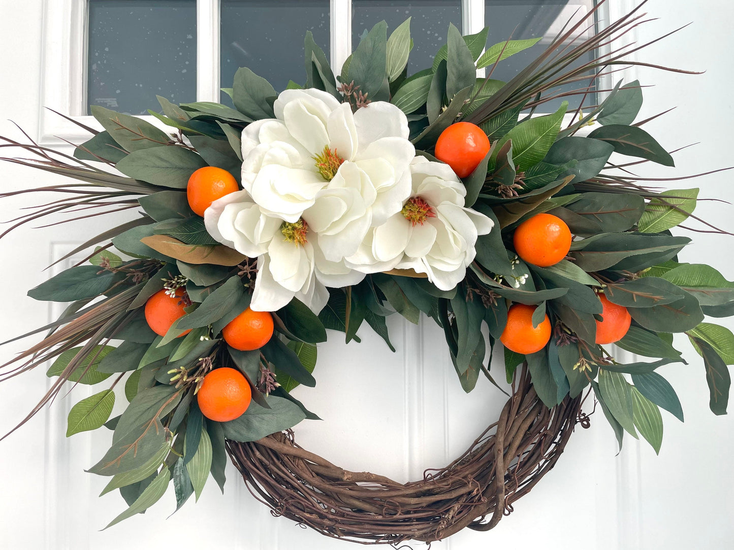 Magnolia orange spring summer wreath, magnolia eucalyptus wreath, magnolia fall wreath, farmhouse wreath, magnolia wreath, fruit wreath