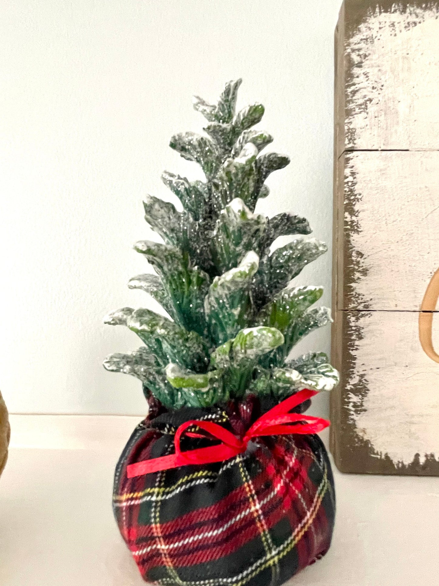 frosted ceramic Christmas tree, Christmas tree table decor, winter pine tree for mantle, plaid Christmas tree, Christmas tree decor