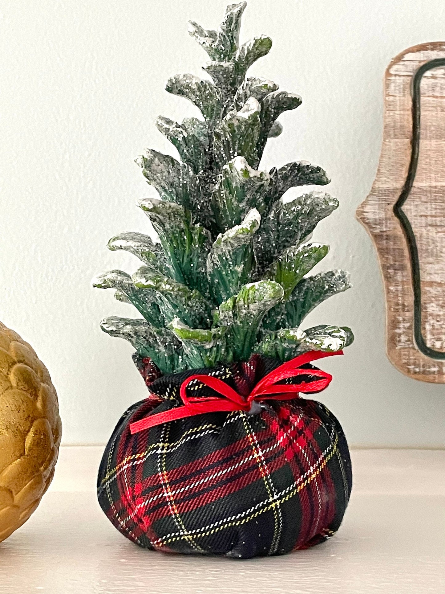 frosted ceramic Christmas tree, Christmas tree table decor, winter pine tree for mantle, plaid Christmas tree, Christmas tree decor