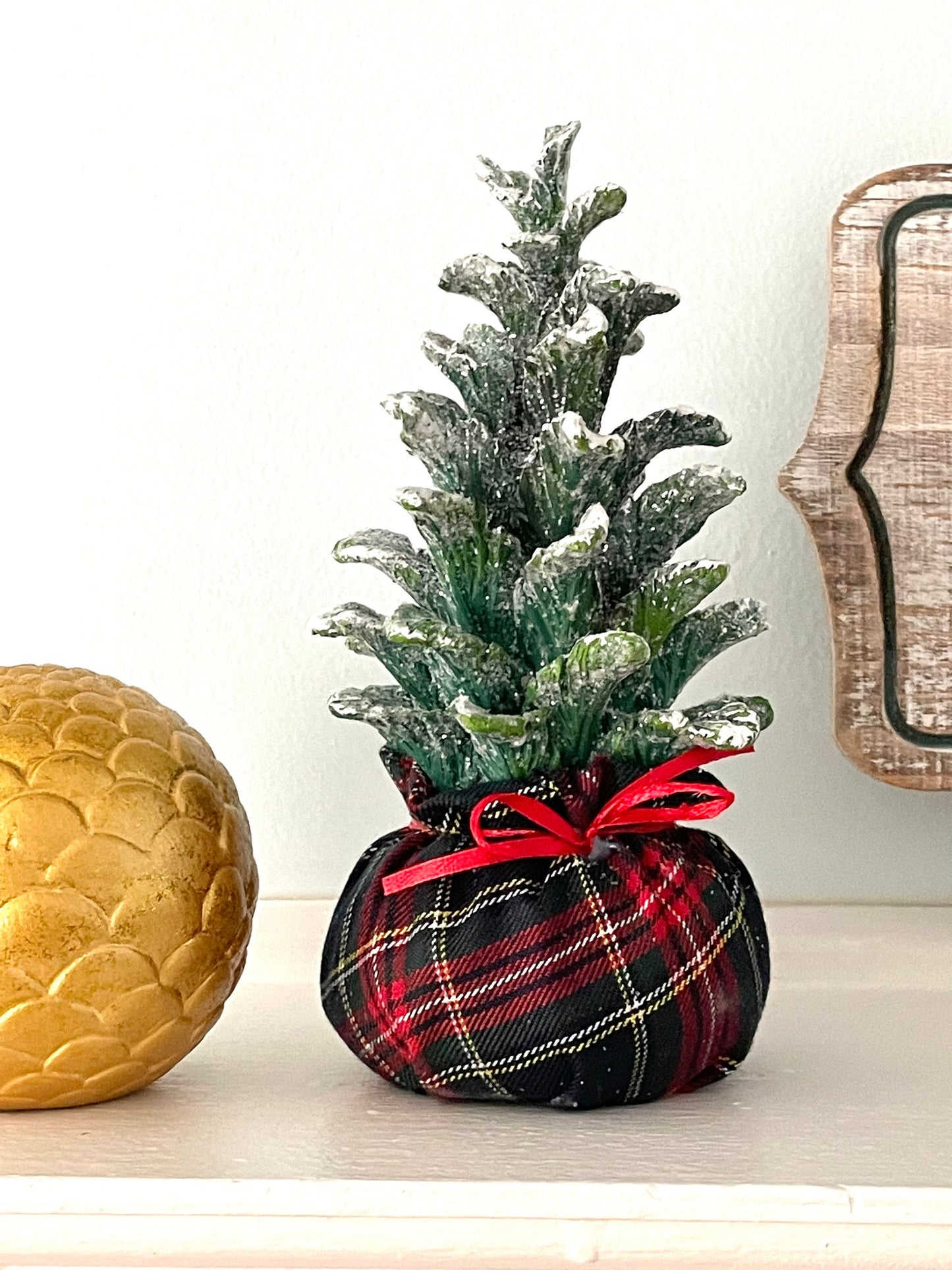 frosted ceramic Christmas tree, Christmas tree table decor, winter pine tree for mantle, plaid Christmas tree, Christmas tree decor