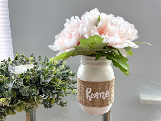 white mason jar floral arrangement, light pink peony home centerpiece, pink floral arrangement, home table decor, rustic floral decor