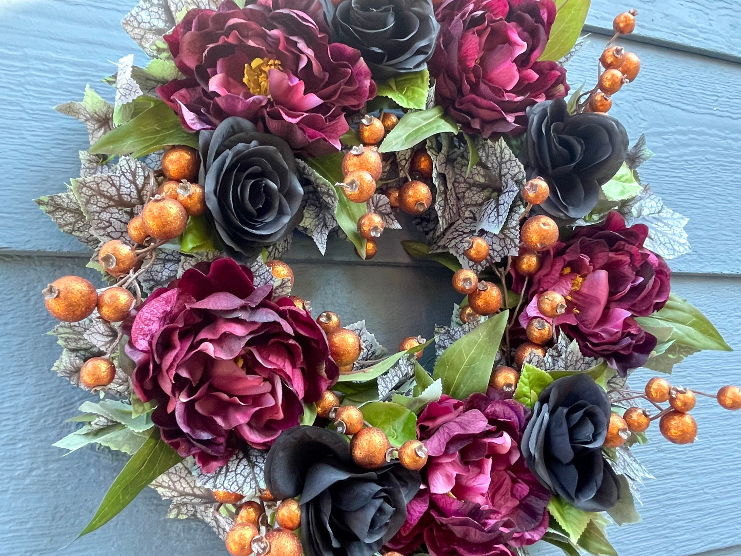 Glam Halloween fall wreath for front door, gothic Halloween wreath, maple fall wreath, black floral wreath, day of the dead wreath