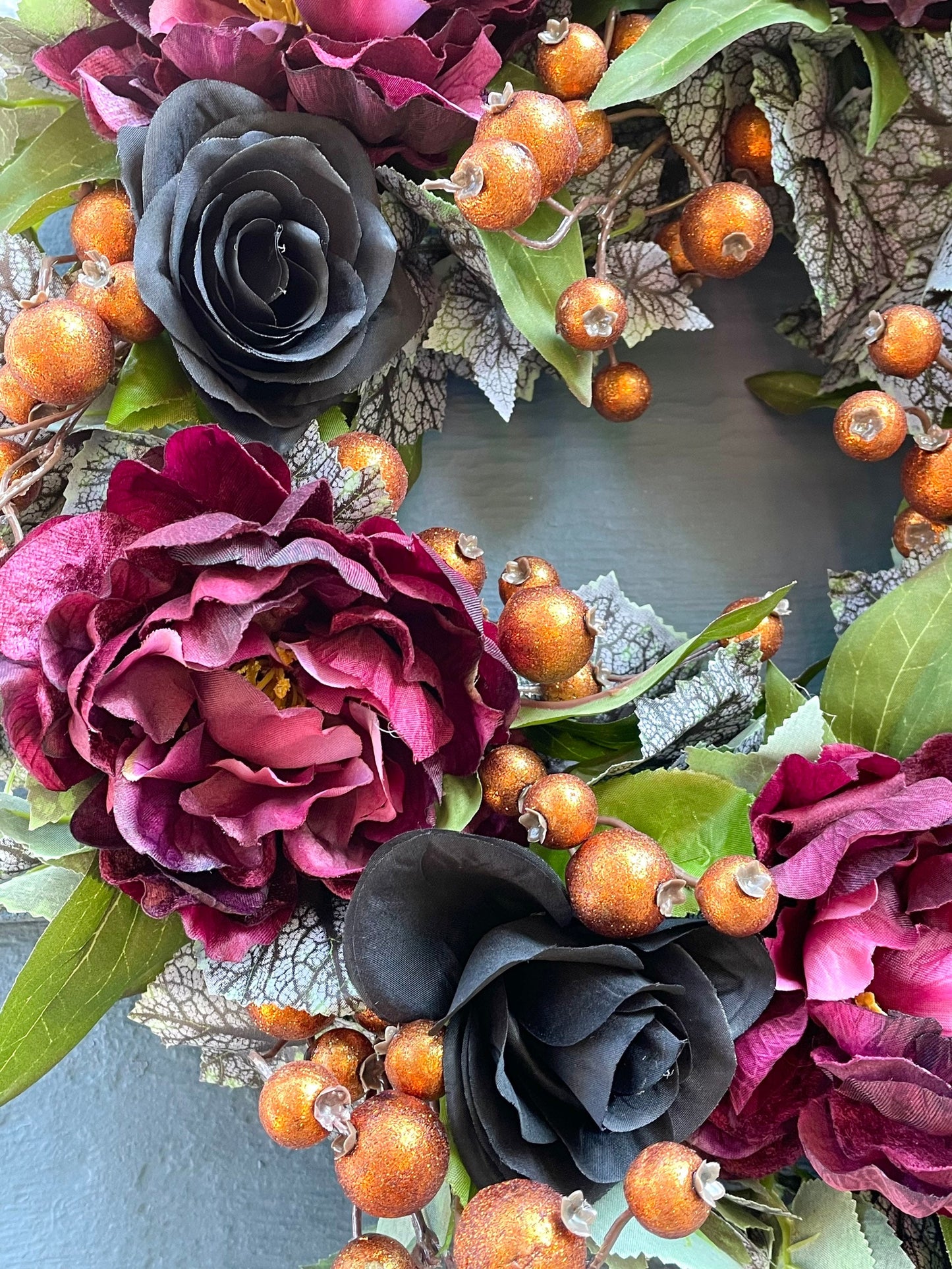 Glam Halloween fall wreath for front door, gothic Halloween wreath, maple fall wreath, black floral wreath, day of the dead wreath