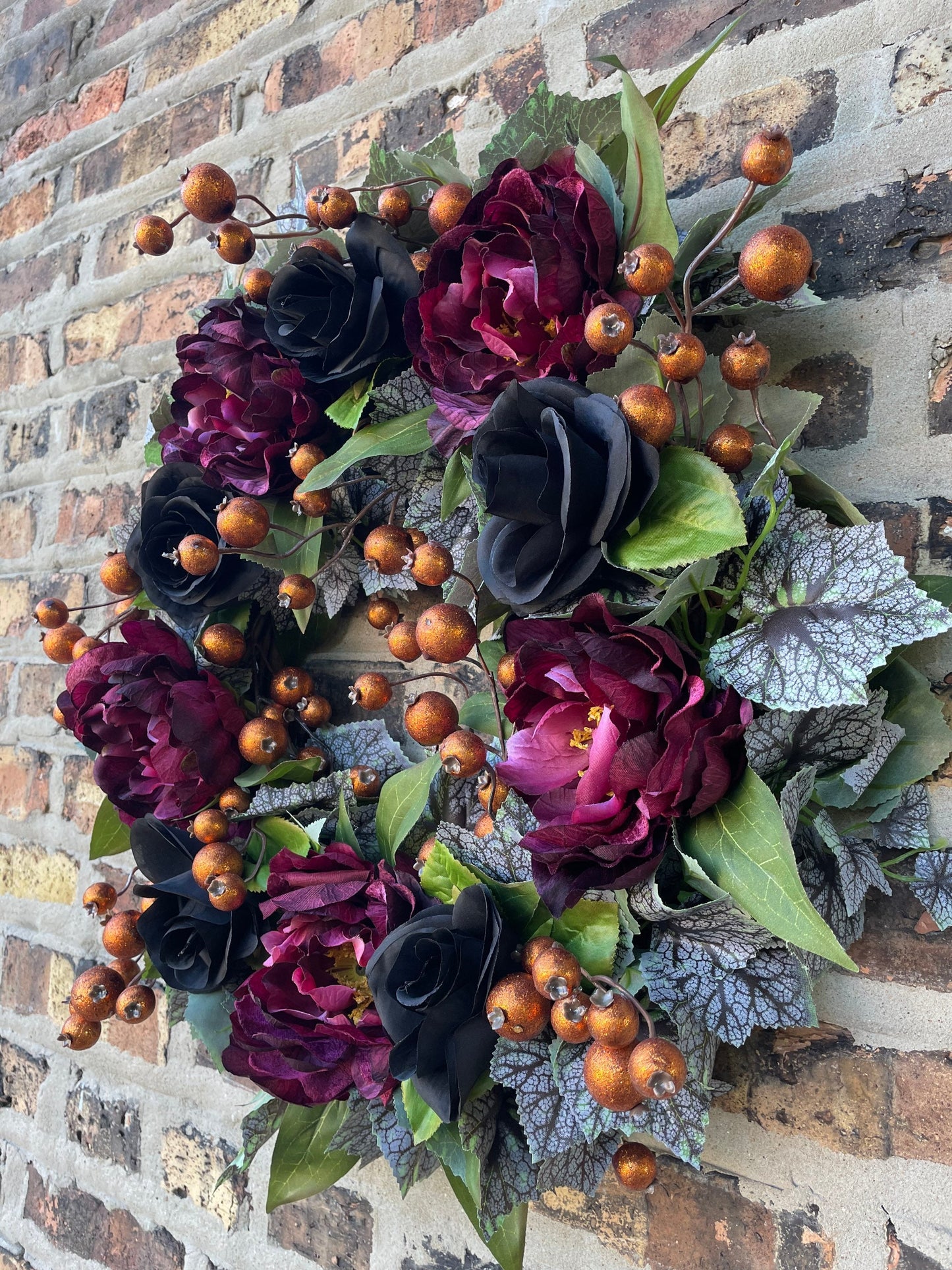 Glam Halloween fall wreath for front door, gothic Halloween wreath, maple fall wreath, black floral wreath, day of the dead wreath