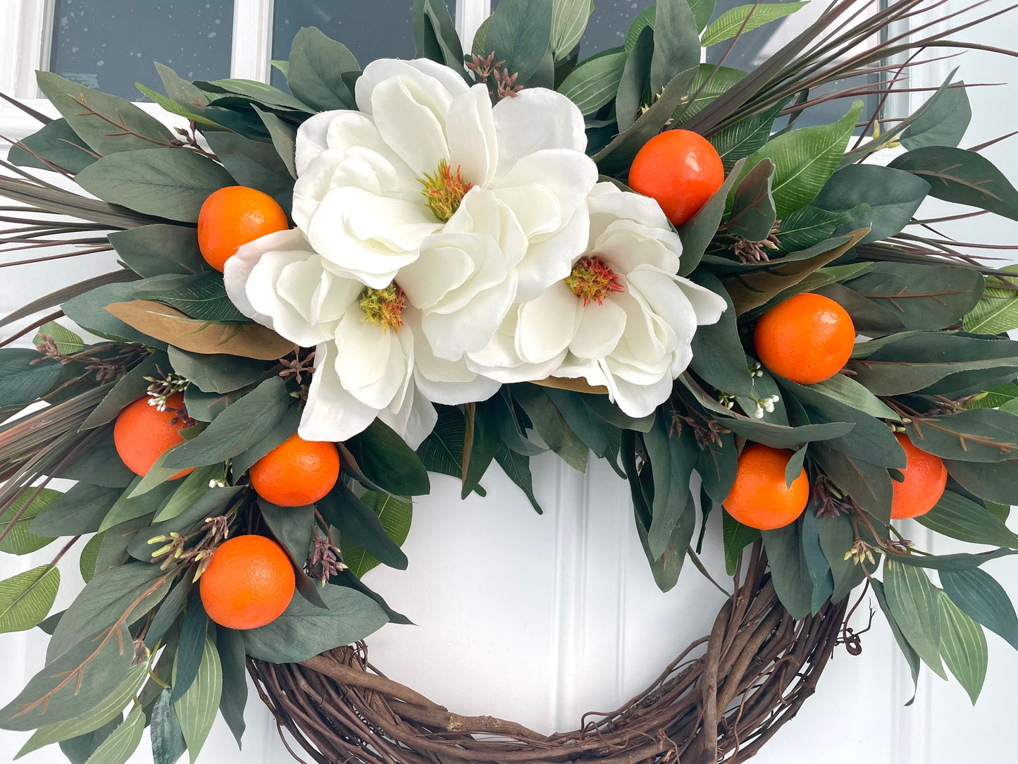 Magnolia orange spring summer wreath, magnolia eucalyptus wreath, magnolia fall wreath, farmhouse wreath, magnolia wreath, fruit wreath