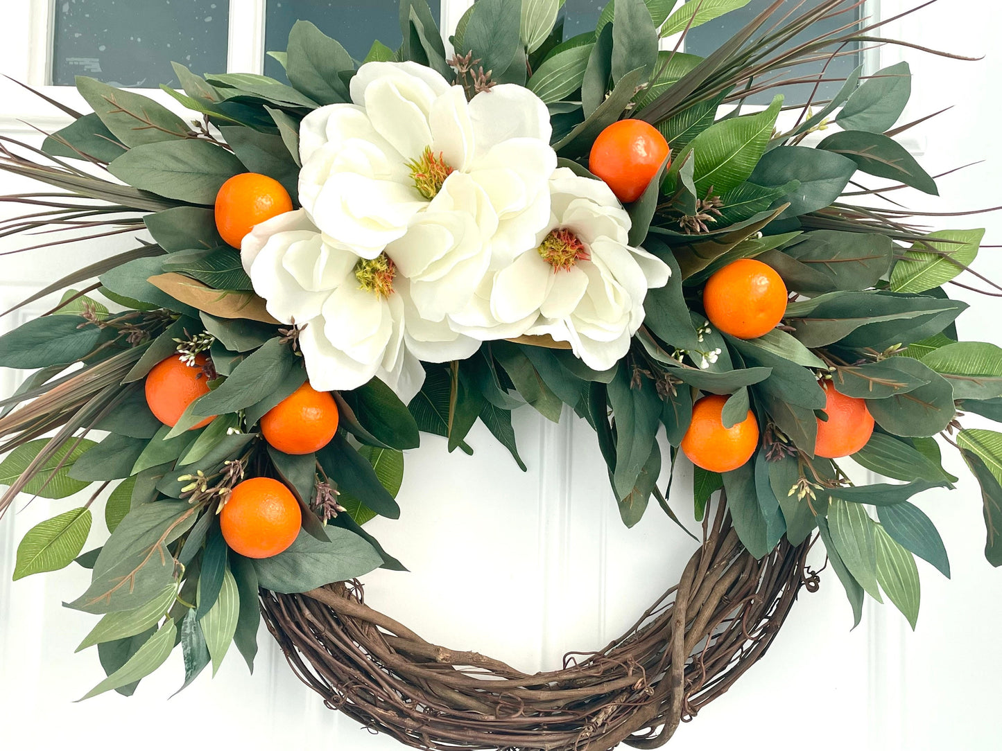 Magnolia orange spring summer wreath, magnolia eucalyptus wreath, magnolia fall wreath, farmhouse wreath, magnolia wreath, fruit wreath