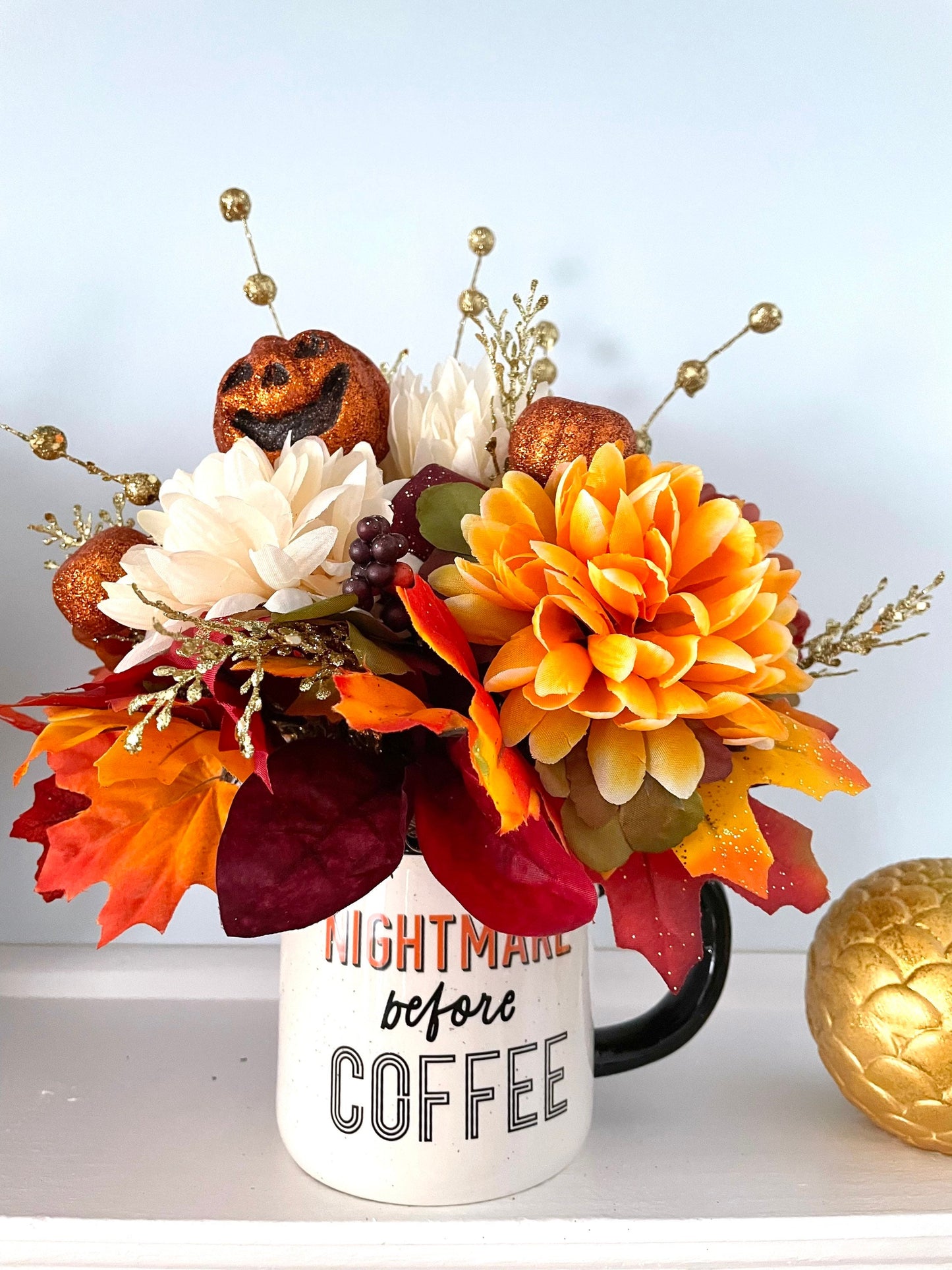 Halloween mug floral centerpiece, pumpkin floral centerpiece, fall mum flower centerpiece, thanksgiving magnolia centerpiece, fall decor