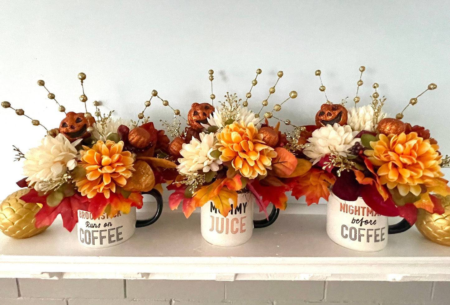 Halloween mug floral centerpiece, pumpkin floral centerpiece, fall mum flower centerpiece, thanksgiving magnolia centerpiece, fall decor