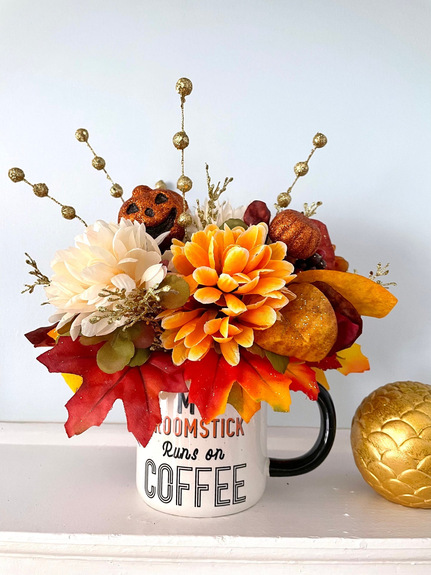 Halloween mug floral centerpiece, pumpkin floral centerpiece, fall mum flower centerpiece, thanksgiving magnolia centerpiece, fall decor