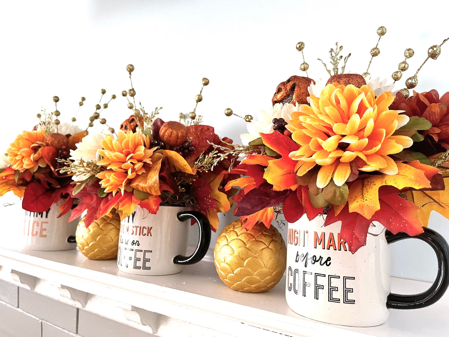 Halloween mug floral centerpiece, pumpkin floral centerpiece, fall mum flower centerpiece, thanksgiving magnolia centerpiece, fall decor