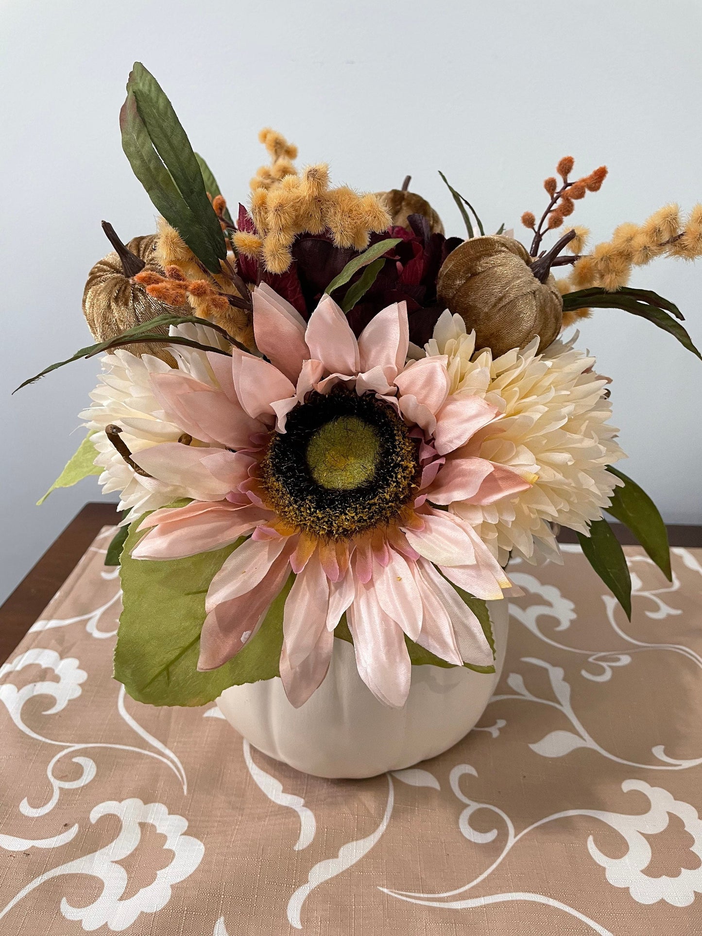 Pink fall floral arrangement, velvet pumpkin fall decor, thanksgiving centerpiece, sunflower fall centerpiece, white pumpkin decor