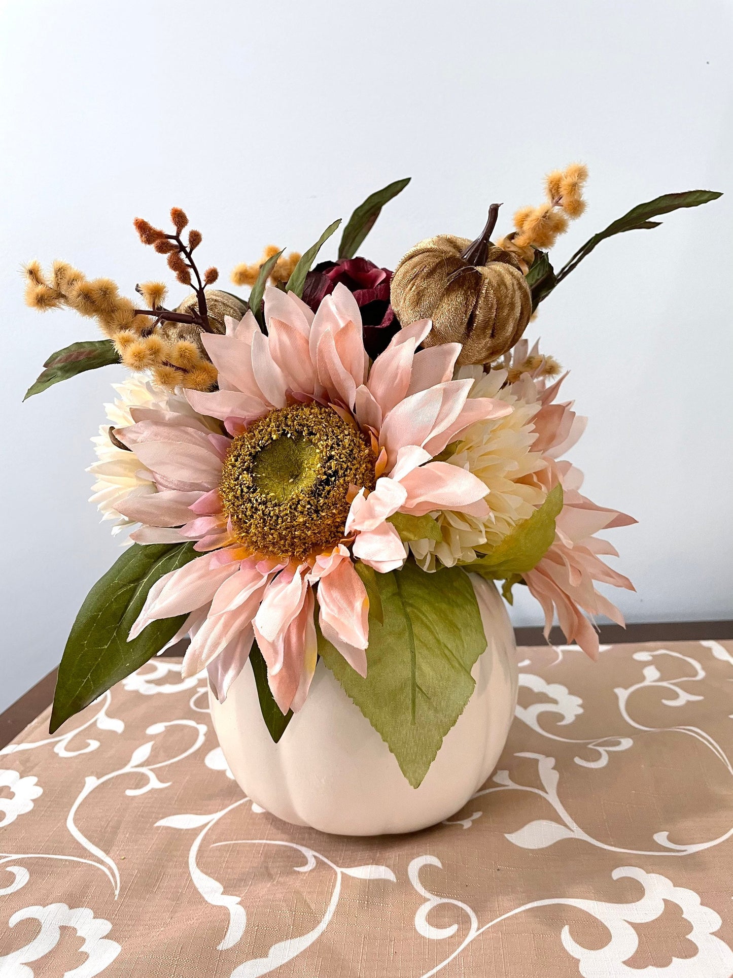 Pink fall floral arrangement, velvet pumpkin fall decor, thanksgiving centerpiece, sunflower fall centerpiece, white pumpkin decor