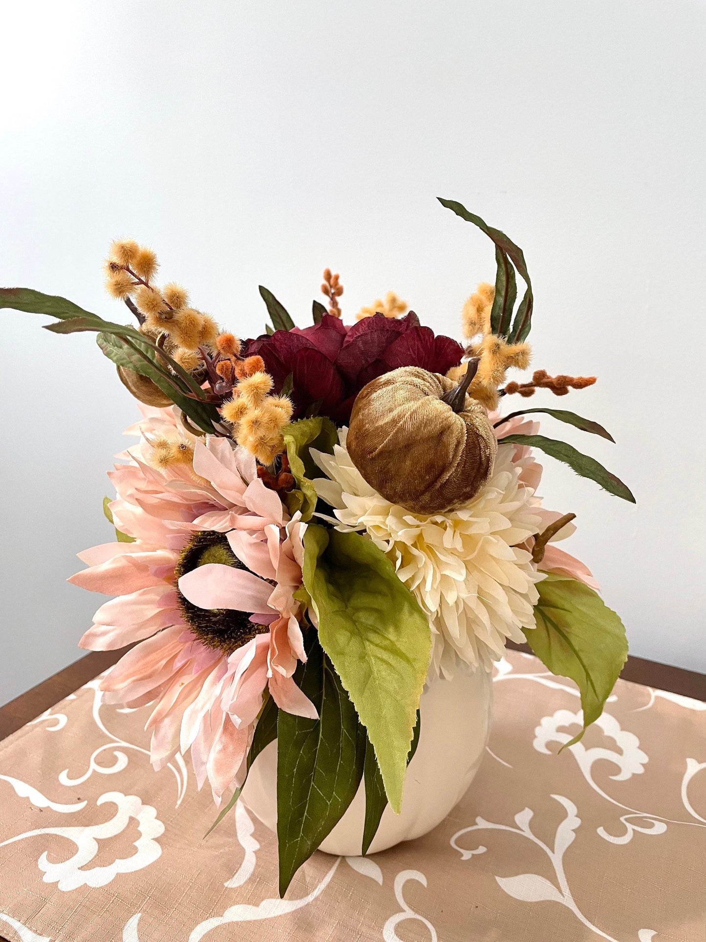 Pink fall floral arrangement, velvet pumpkin fall decor, thanksgiving centerpiece, sunflower fall centerpiece, white pumpkin decor