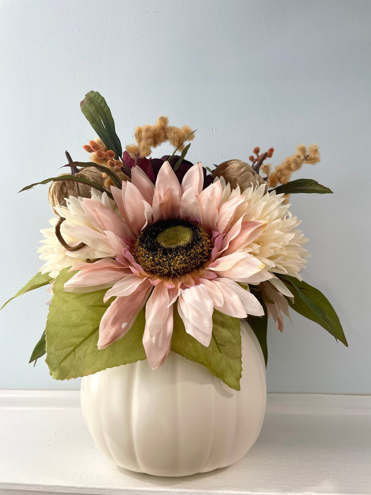 Pink fall floral arrangement, velvet pumpkin fall decor, thanksgiving centerpiece, sunflower fall centerpiece, white pumpkin decor