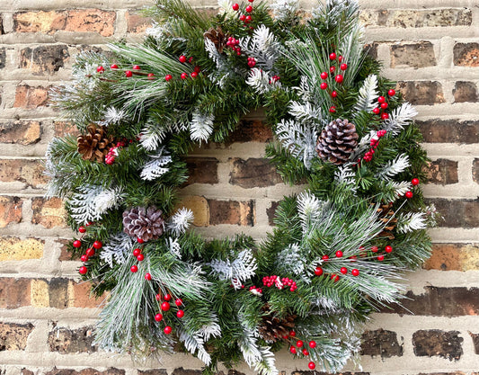 flocked Christmas berry wreath for front door, winter berry wreath, Christmas farmhouse wreath, pinecone berry wreath, pine winter wreath