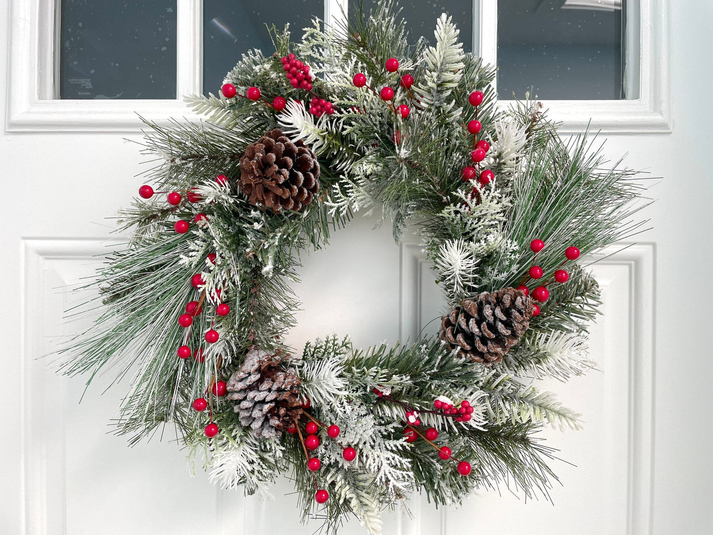 flocked red berry winter wreath, flocked berry Christmas wreath, red berry winter wreath, frosted pine winter wreath, mini winter wreath