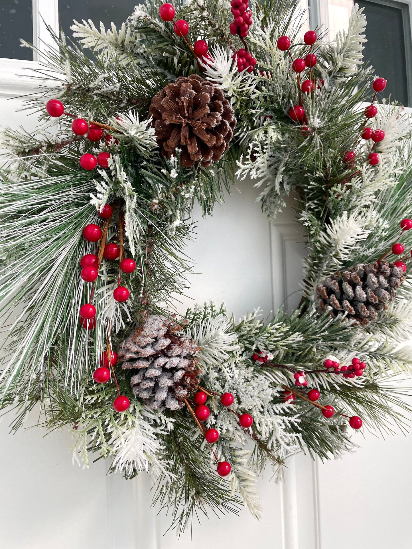 flocked red berry winter wreath, flocked berry Christmas wreath, red berry winter wreath, frosted pine winter wreath, mini winter wreath