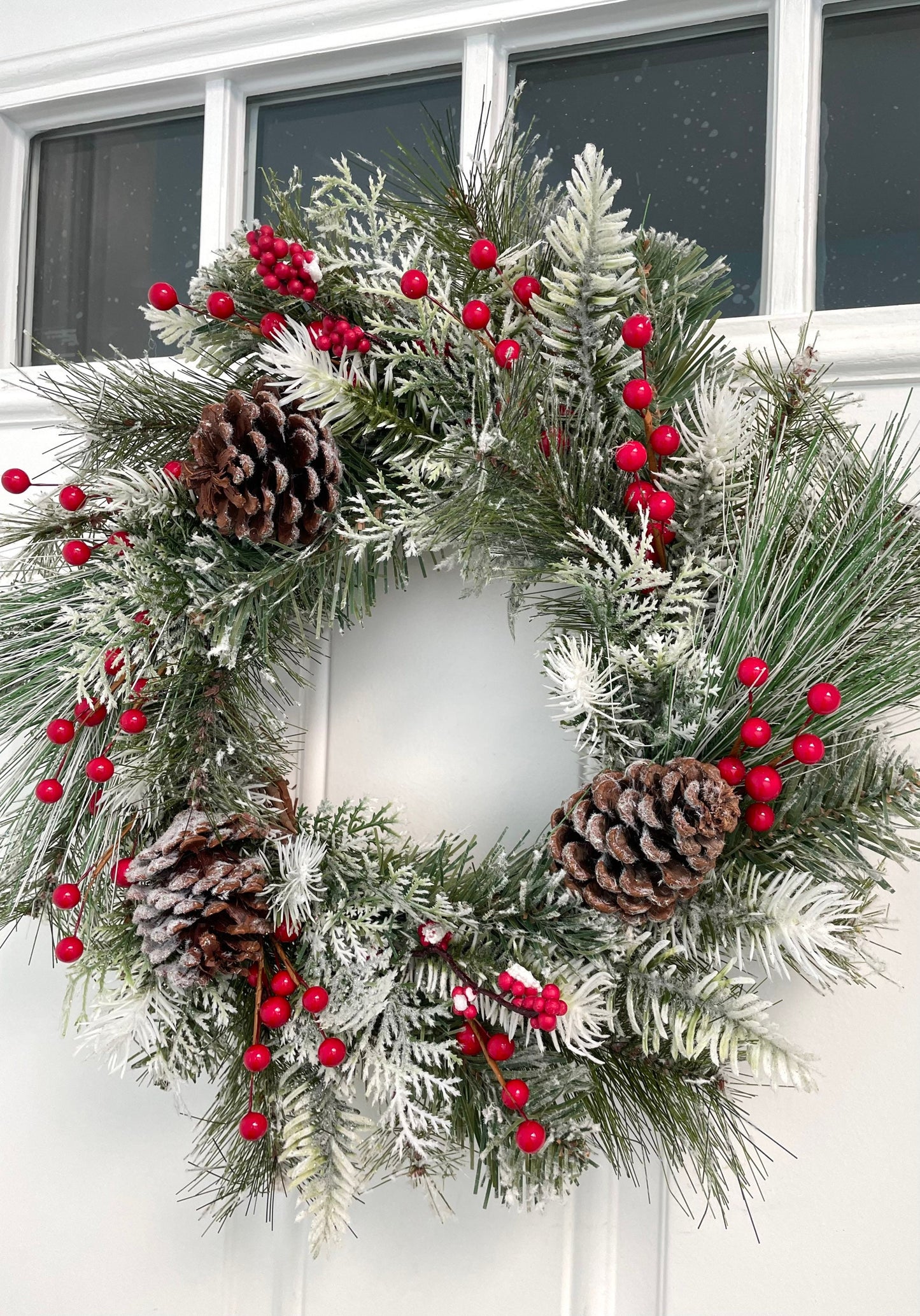 flocked red berry winter wreath, flocked berry Christmas wreath, red berry winter wreath, frosted pine winter wreath, mini winter wreath