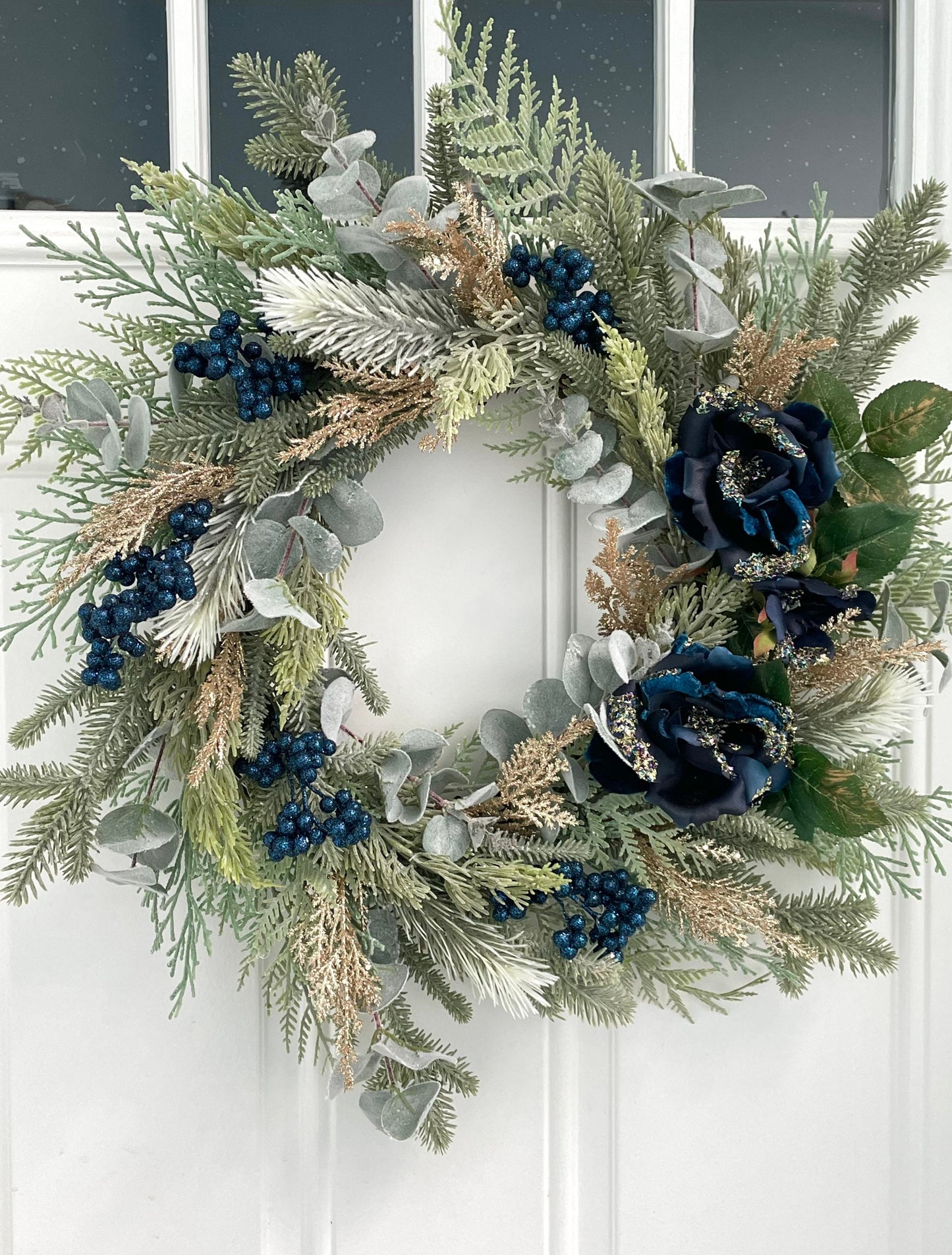 blue and gold rose eucalyptus winter wreath for front door, gold Christmas wreath, eucalyptus winter wreath, pine eucalyptus winter wreath