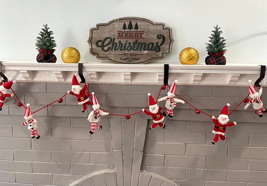 poseable santa garland, snowman Christmas garland, jingle bell garland, red and white Christmas garland, wood Christmas garland