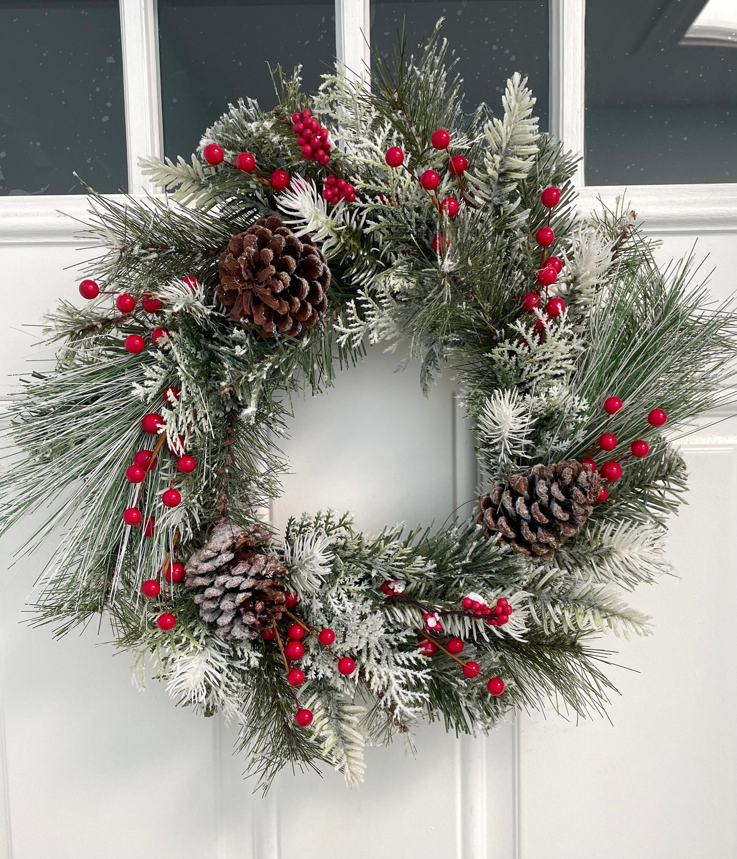 flocked red berry winter wreath, flocked berry Christmas wreath, red berry winter wreath, frosted pine winter wreath, mini winter wreath