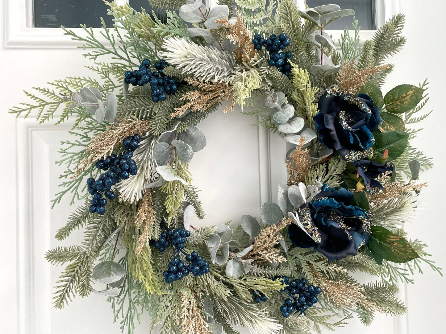 blue and gold rose eucalyptus winter wreath for front door, gold Christmas wreath, eucalyptus winter wreath, pine eucalyptus winter wreath