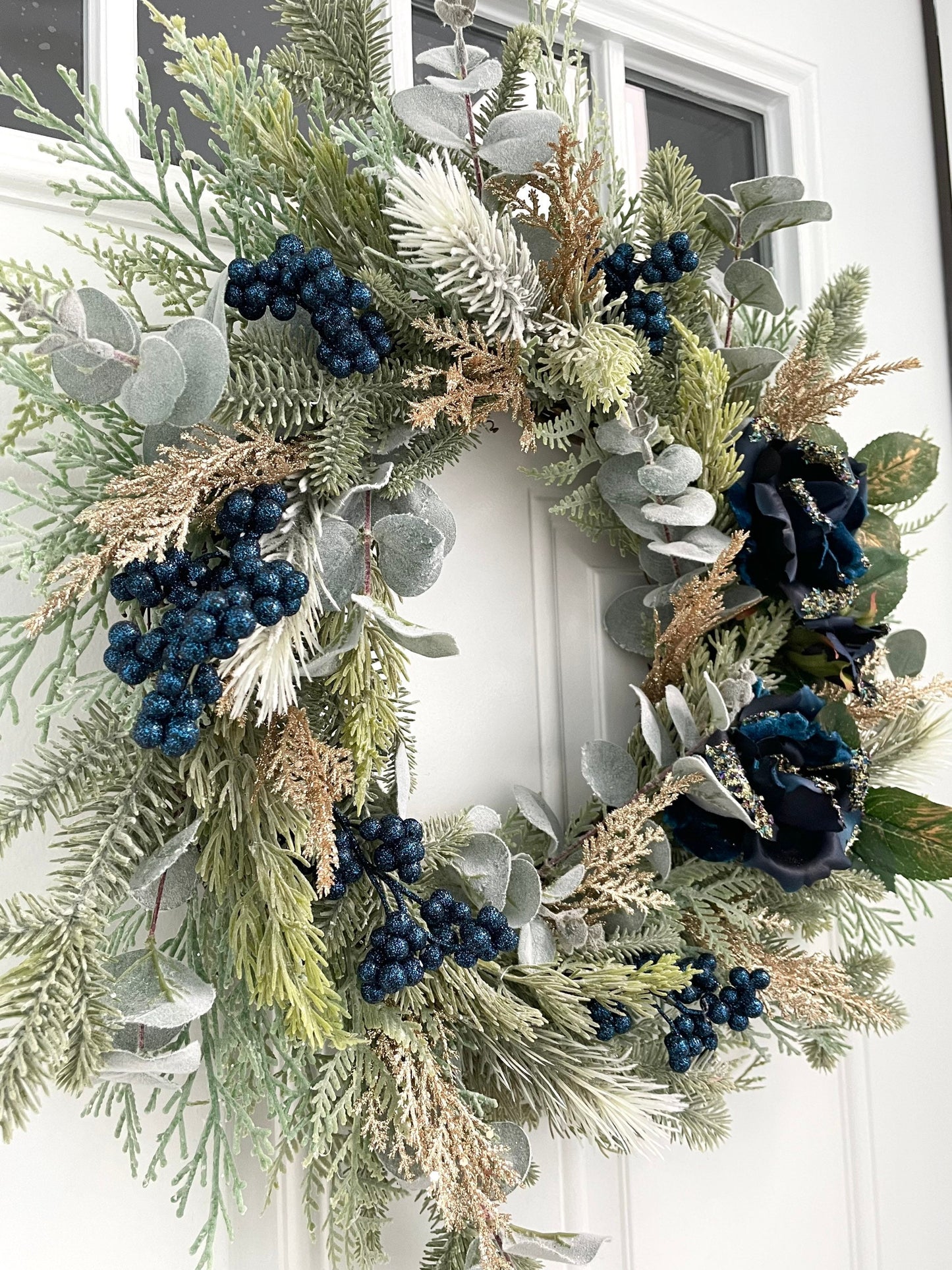 blue and gold rose eucalyptus winter wreath for front door, gold Christmas wreath, eucalyptus winter wreath, pine eucalyptus winter wreath