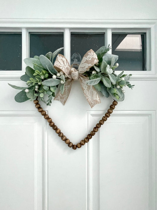 heart wood bead valentines wreath, lambs ear eucalyptus wreath, white berry wreath, year round wreath, bridal wreath, Mother’s Day wreath