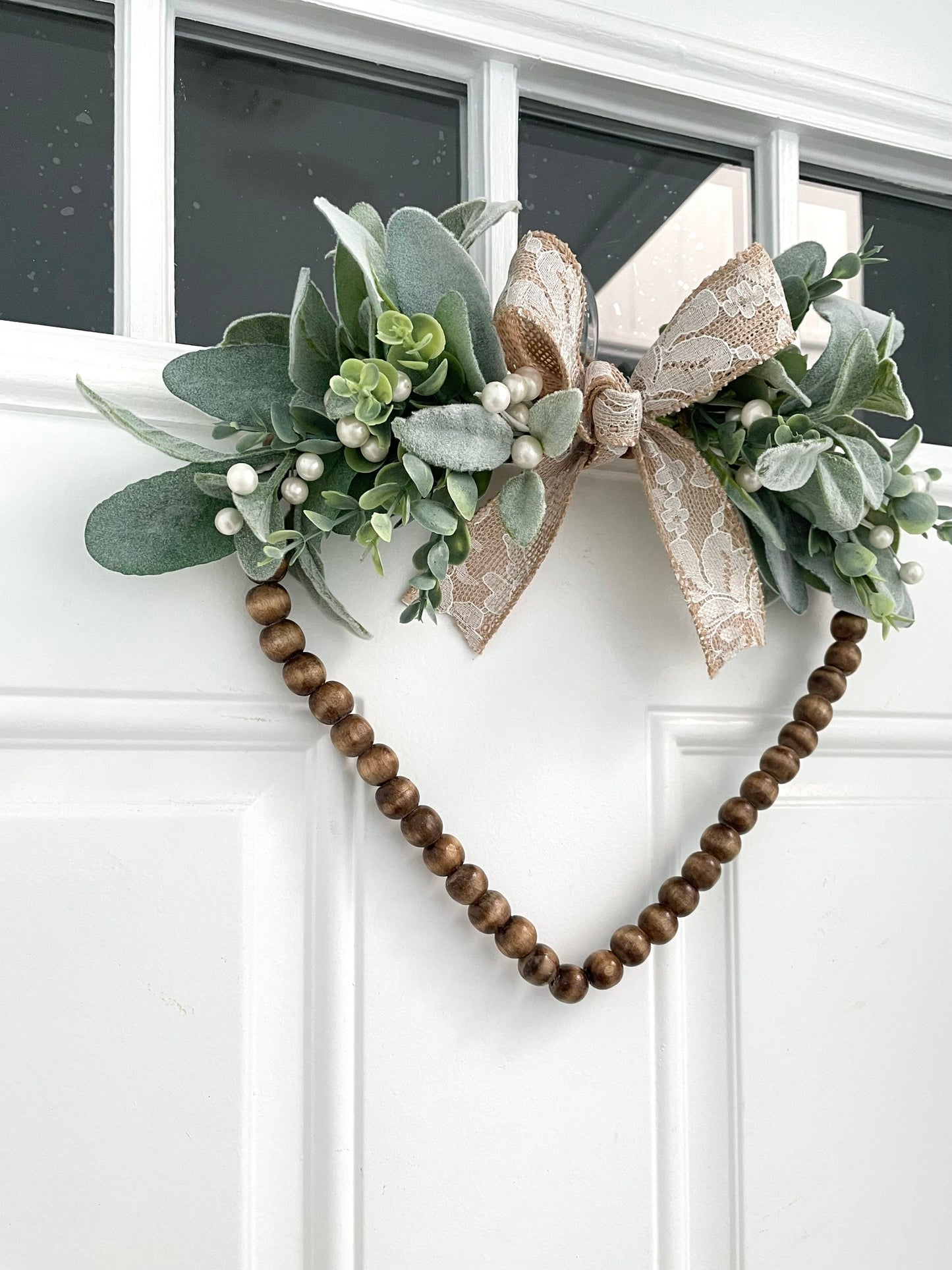 heart wood bead valentines wreath, lambs ear eucalyptus wreath, white berry wreath, year round wreath, bridal wreath, Mother’s Day wreath