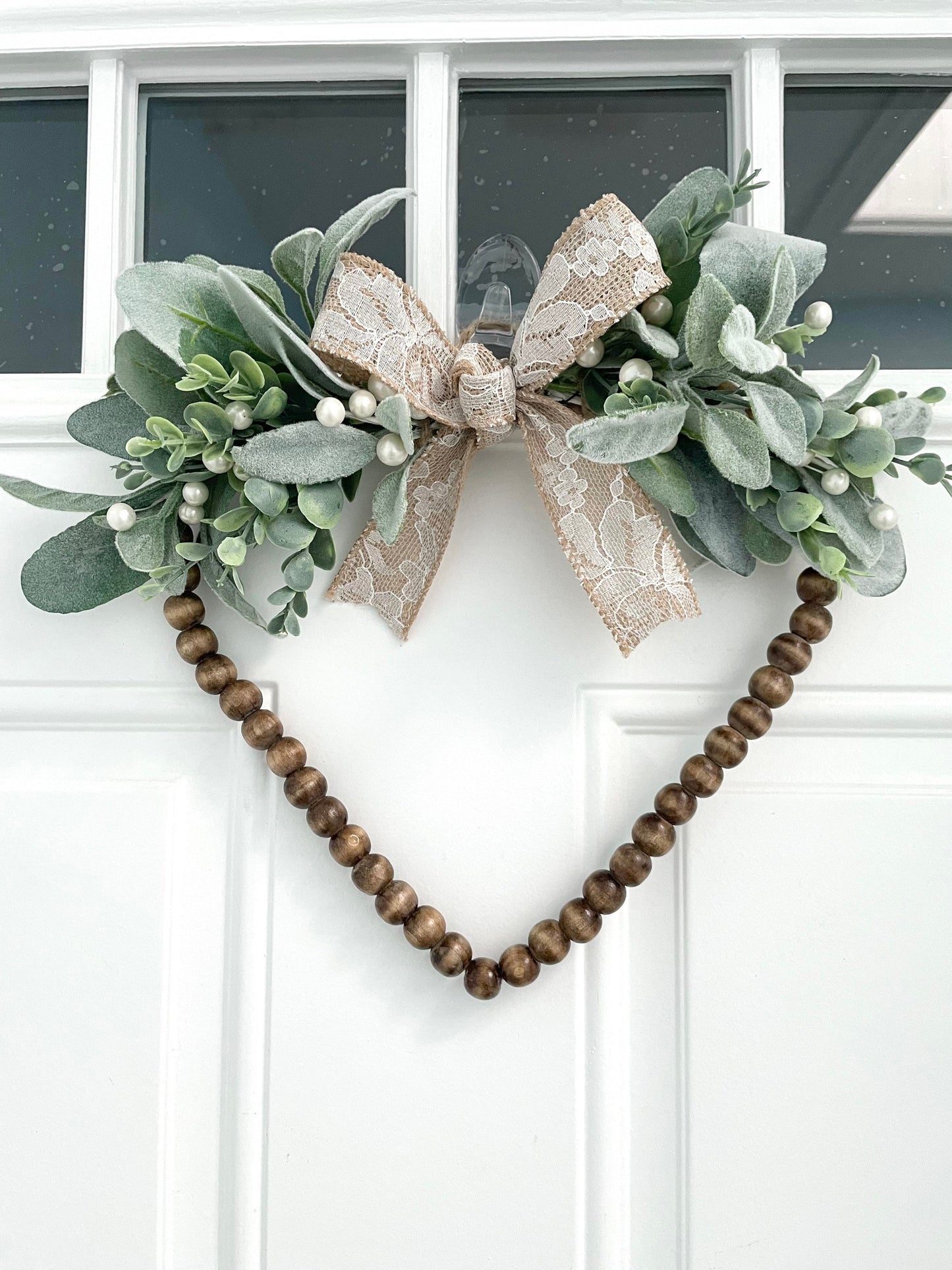 heart wood bead valentines wreath, lambs ear eucalyptus wreath, white berry wreath, year round wreath, bridal wreath, Mother’s Day wreath