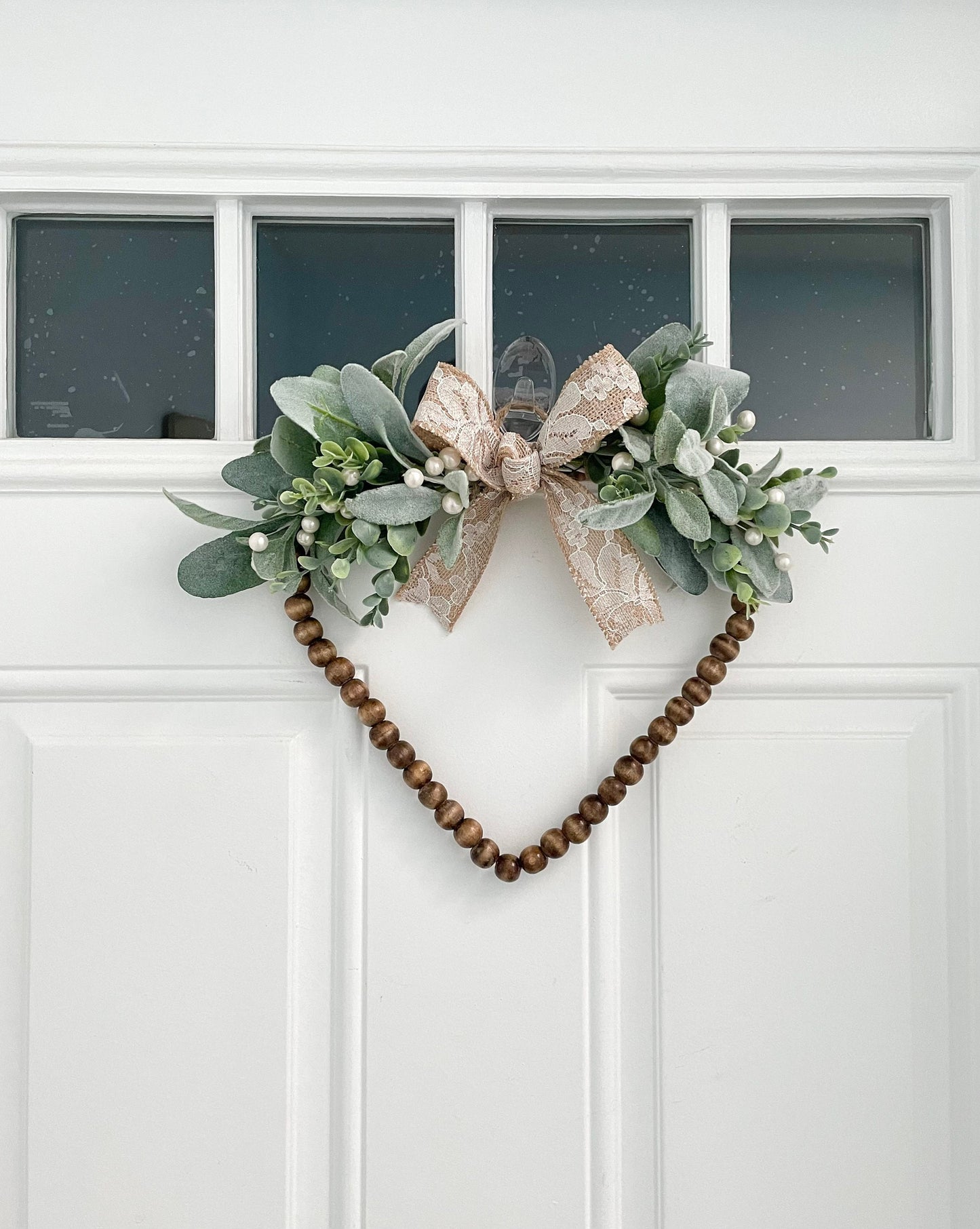 heart wood bead valentines wreath, lambs ear eucalyptus wreath, white berry wreath, year round wreath, bridal wreath, Mother’s Day wreath