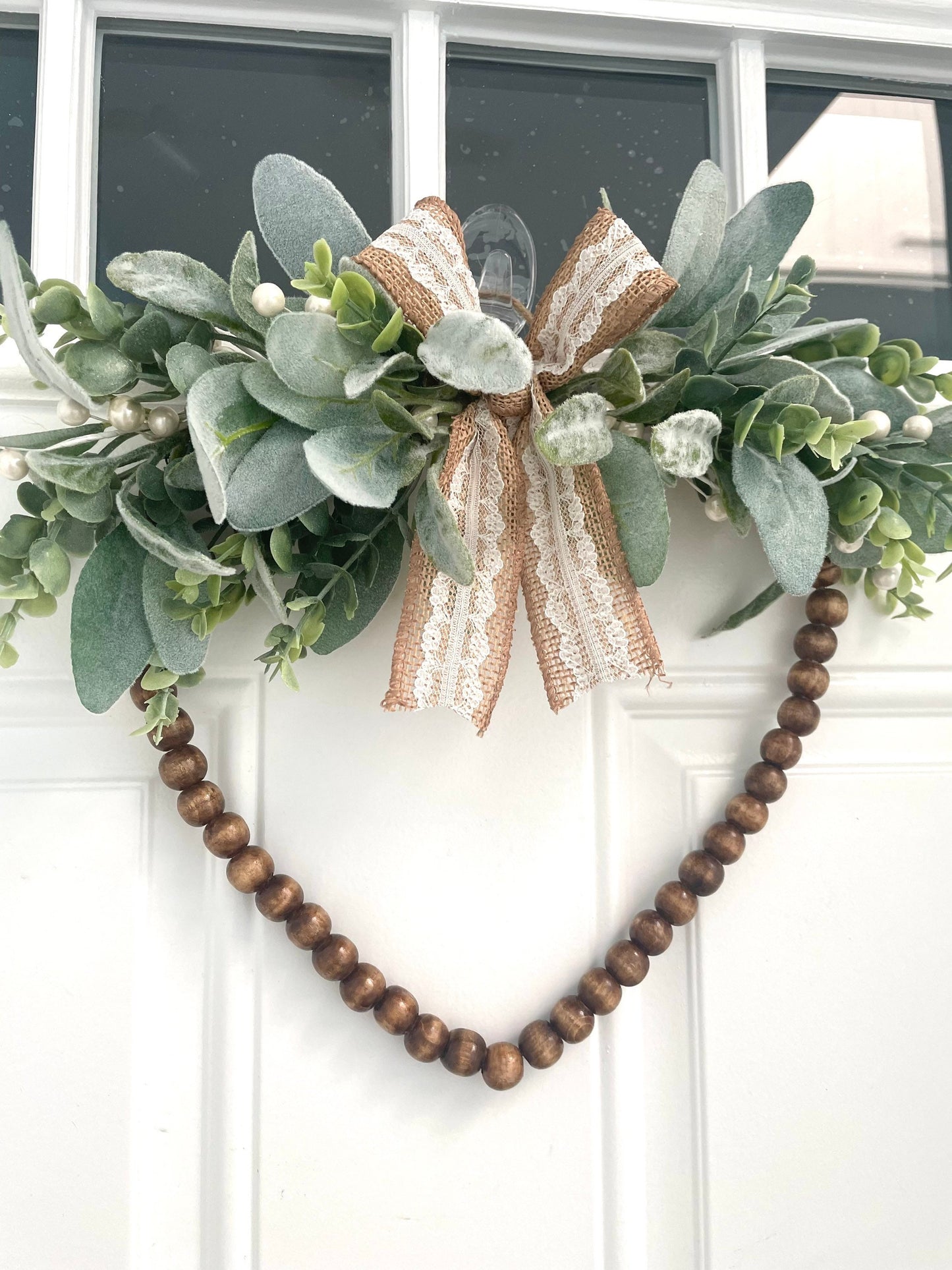 heart wood bead valentines wreath, lambs ear eucalyptus wreath, white berry wreath, year round wreath, bridal wreath, Mother’s Day wreath