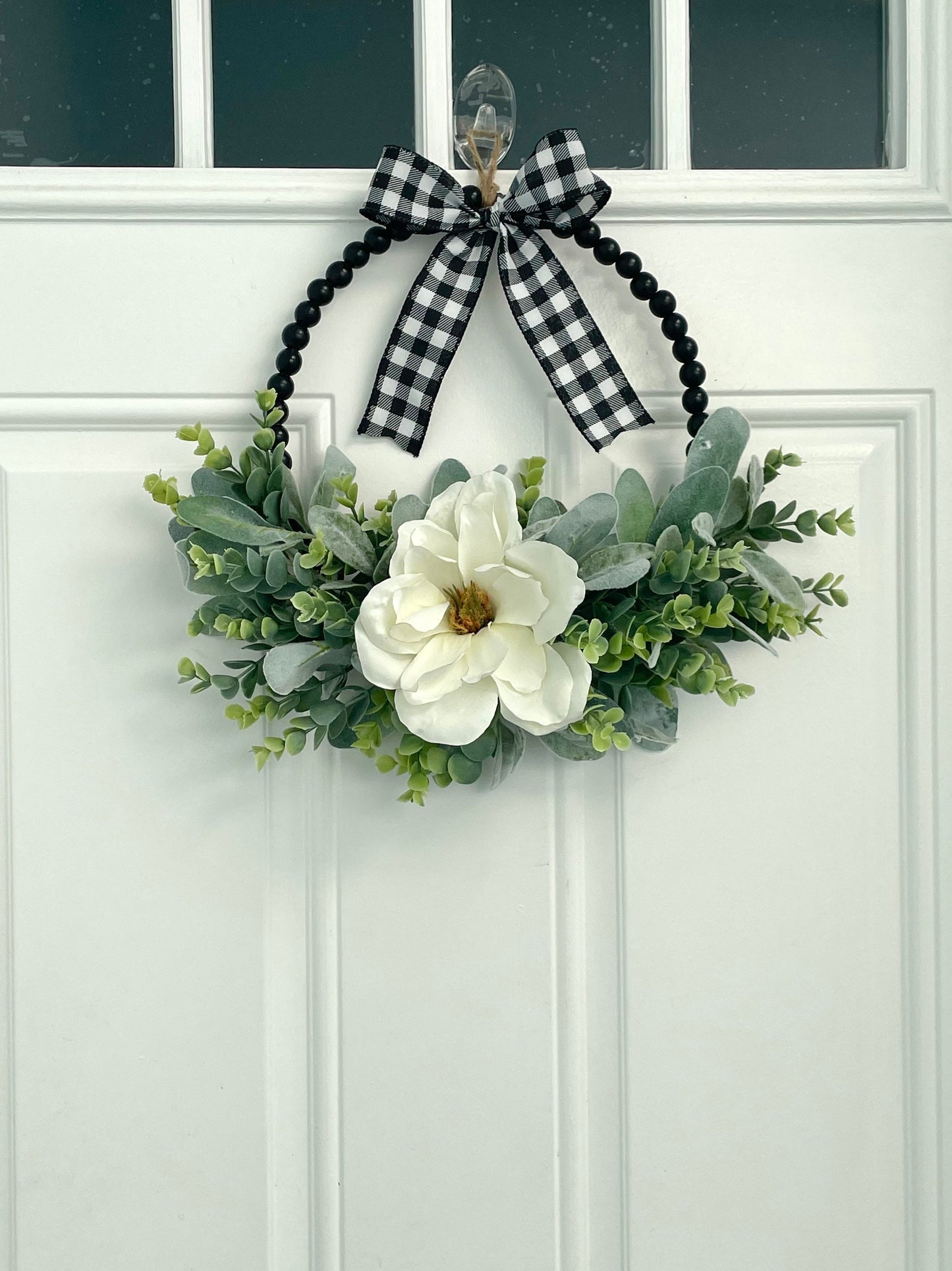 Magnolia and lambs ear wreath, wood bead wreath, lambs ear year round wreath, lambs ear eucalyptus wreath, black farmhouse wreath