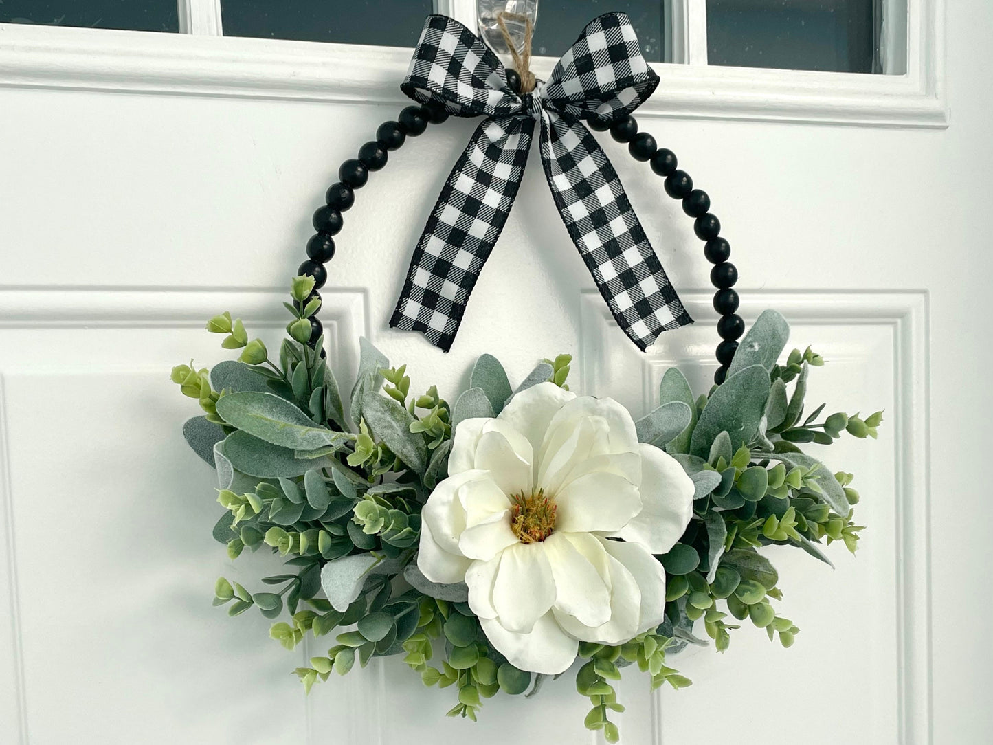 Magnolia and lambs ear wreath, wood bead wreath, lambs ear year round wreath, lambs ear eucalyptus wreath, black farmhouse wreath