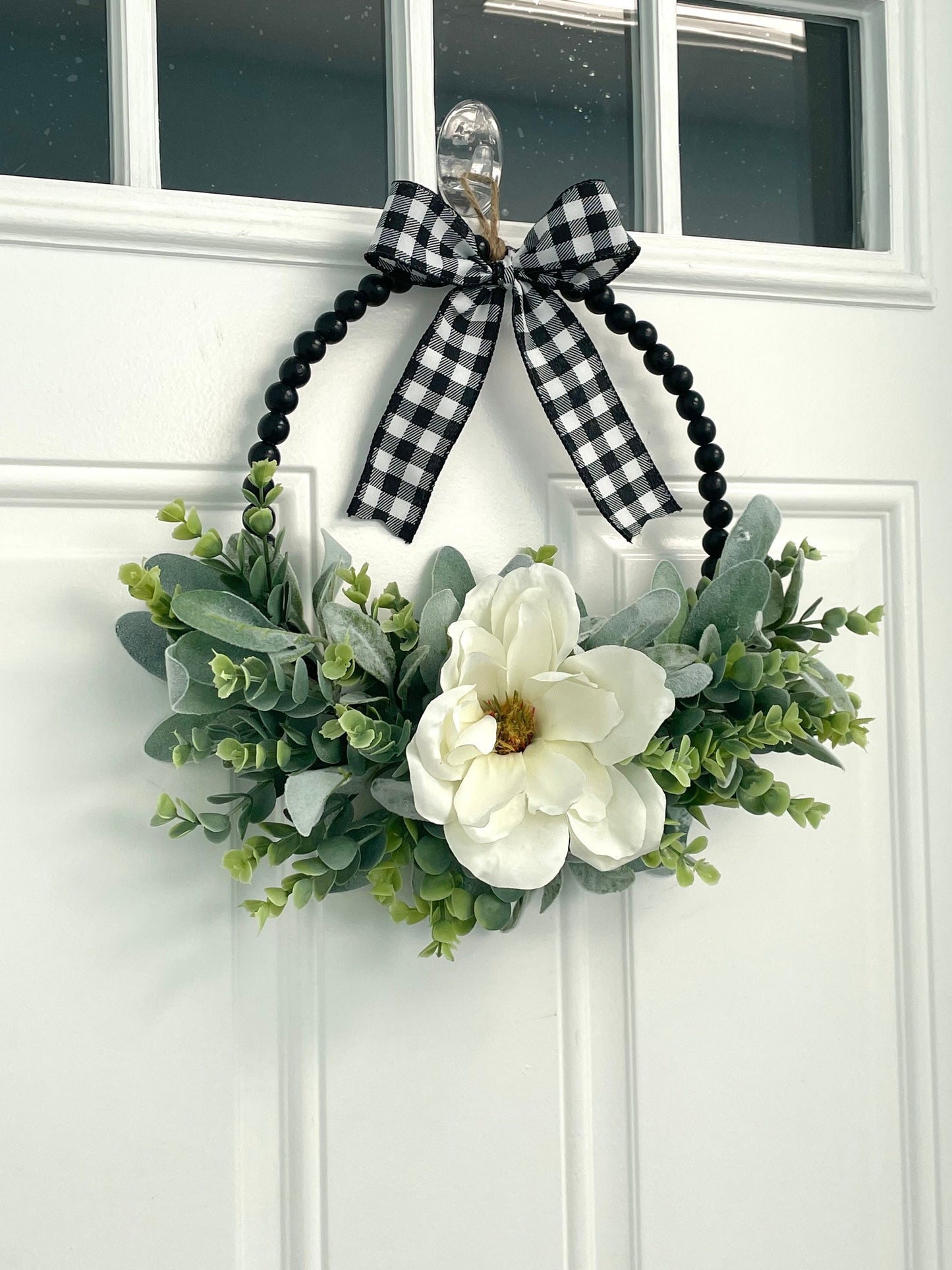 Magnolia and lambs ear wreath, wood bead wreath, lambs ear year round wreath, lambs ear eucalyptus wreath, black farmhouse wreath