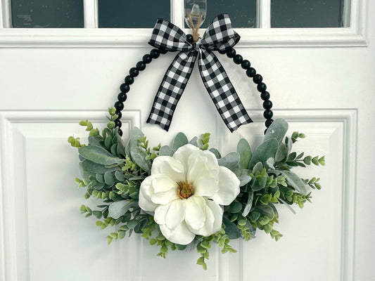 Magnolia and lambs ear wreath, wood bead wreath, lambs ear year round wreath, lambs ear eucalyptus wreath, black farmhouse wreath