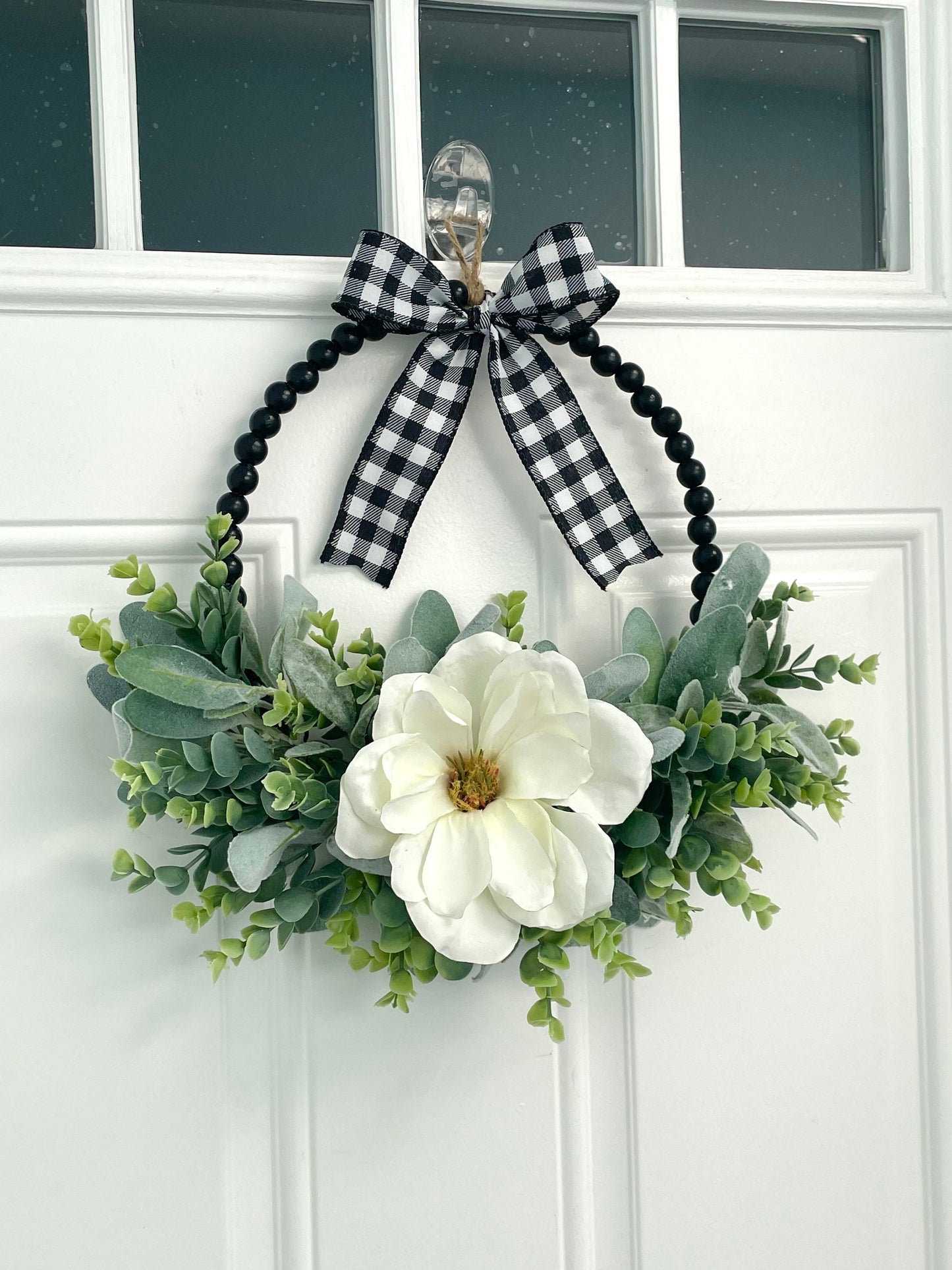 Magnolia and lambs ear wreath, wood bead wreath, lambs ear year round wreath, lambs ear eucalyptus wreath, black farmhouse wreath